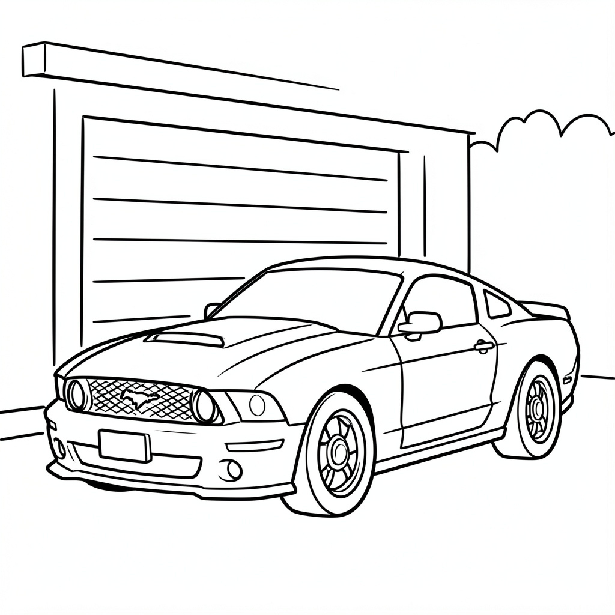 Easy Ford Mustang parked in front of a garage Drawing Idea (free black-and-white line drawing printable PDF for all, from beginners to advanced learners, including children, teens, adults, and seniors)