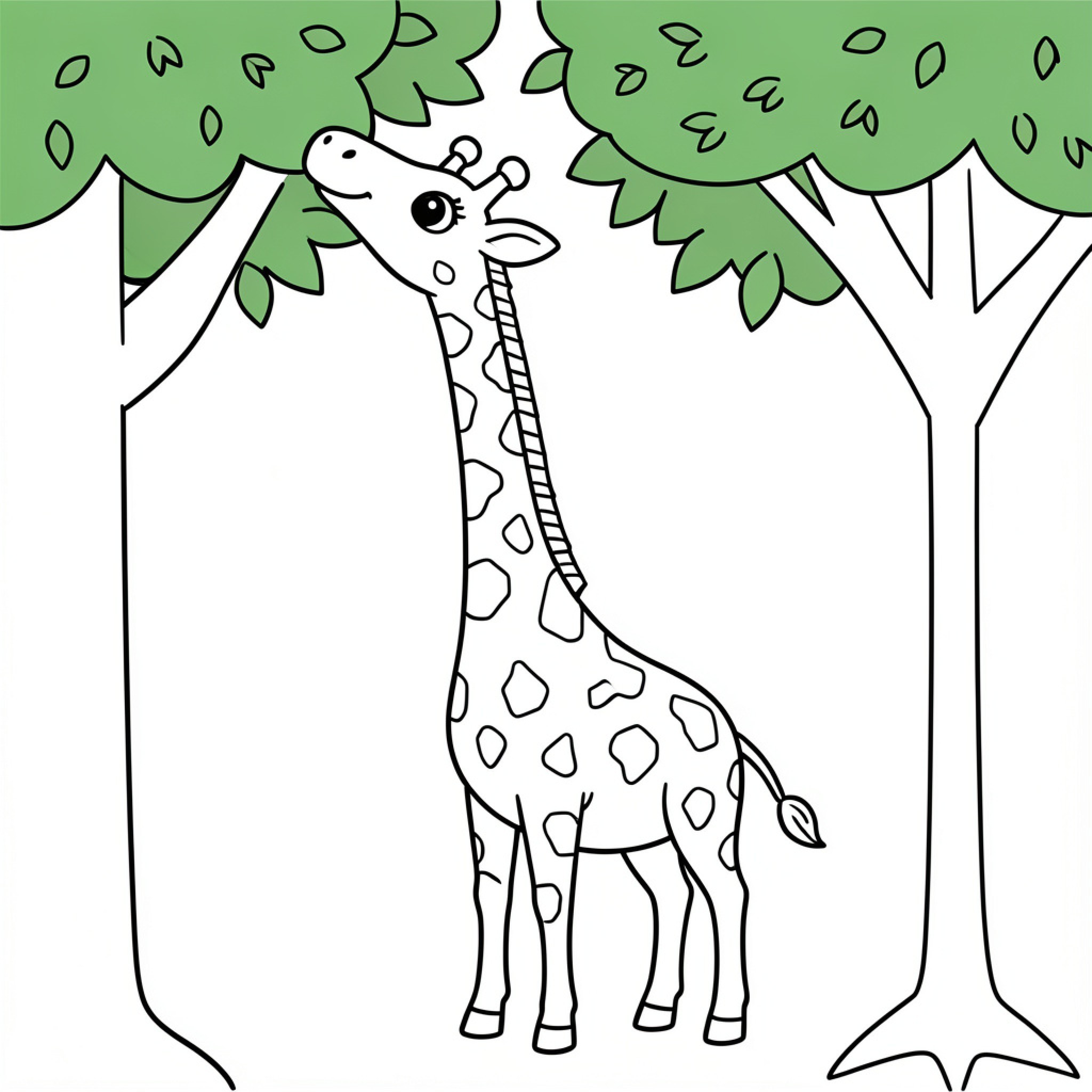 Easy Giraffe eating leaves from tall trees Drawing Idea (free black-and-white line drawing printable PDF for all, from beginners to advanced learners, including children, teens, adults, and seniors)