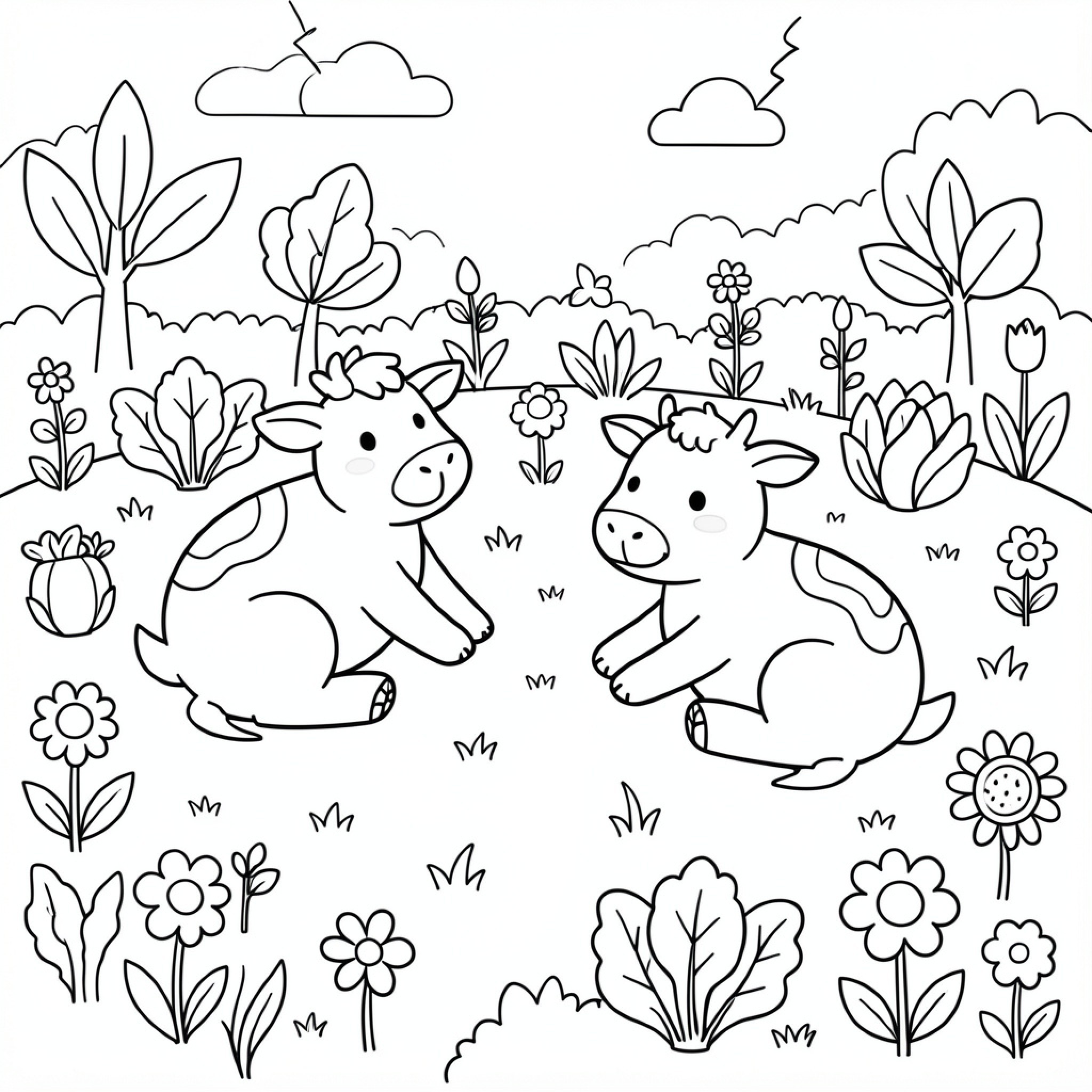 Easy Farm Animal cows sitting in a flower meadow Drawing Idea (free black-and-white line drawing printable PDF for all, from beginners to advanced learners, including children, teens, adults, and seniors)