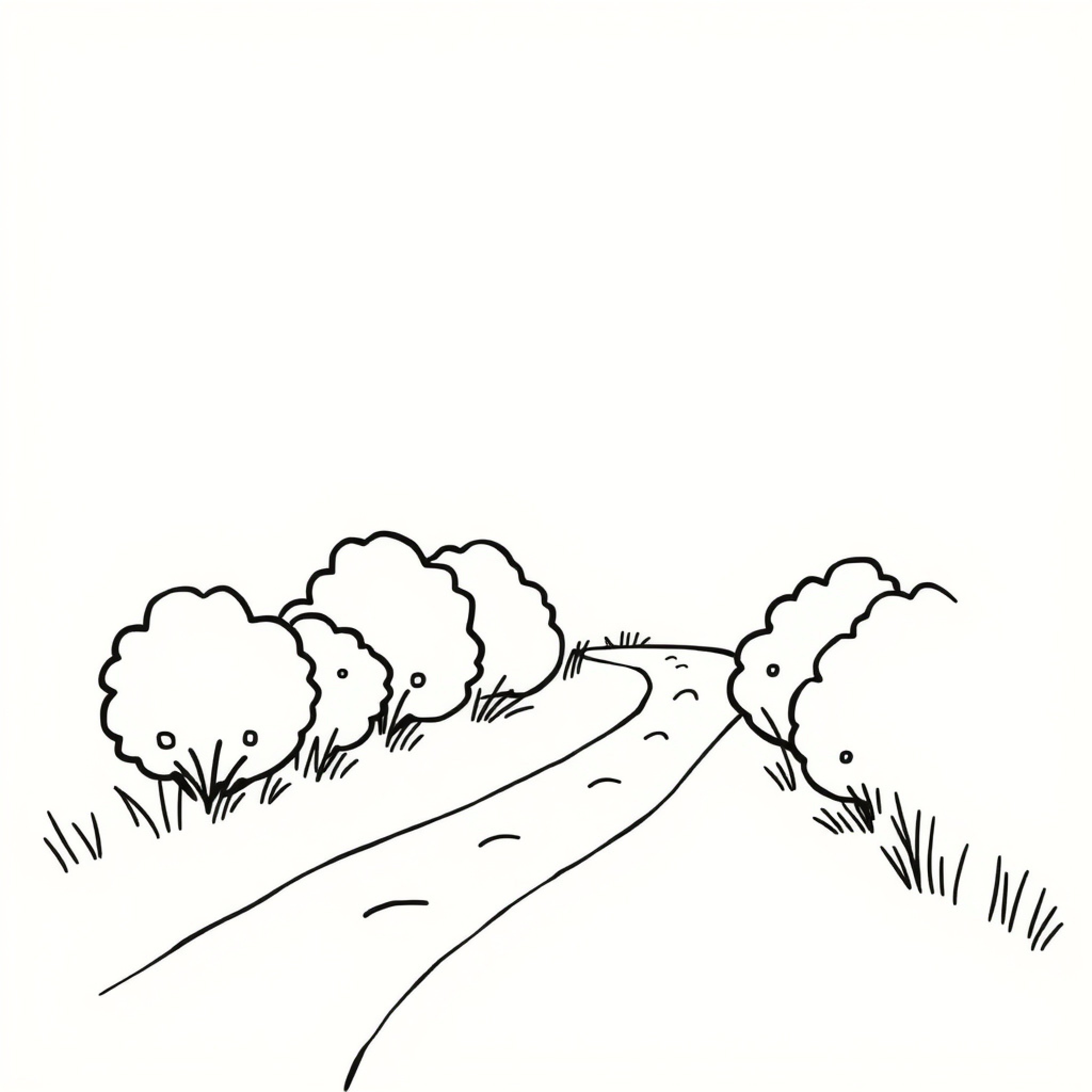 Easy Bush landscape with a winding path Drawing Idea (free black-and-white line drawing printable PDF for all, from beginners to advanced learners, including children, teens, adults, and seniors)