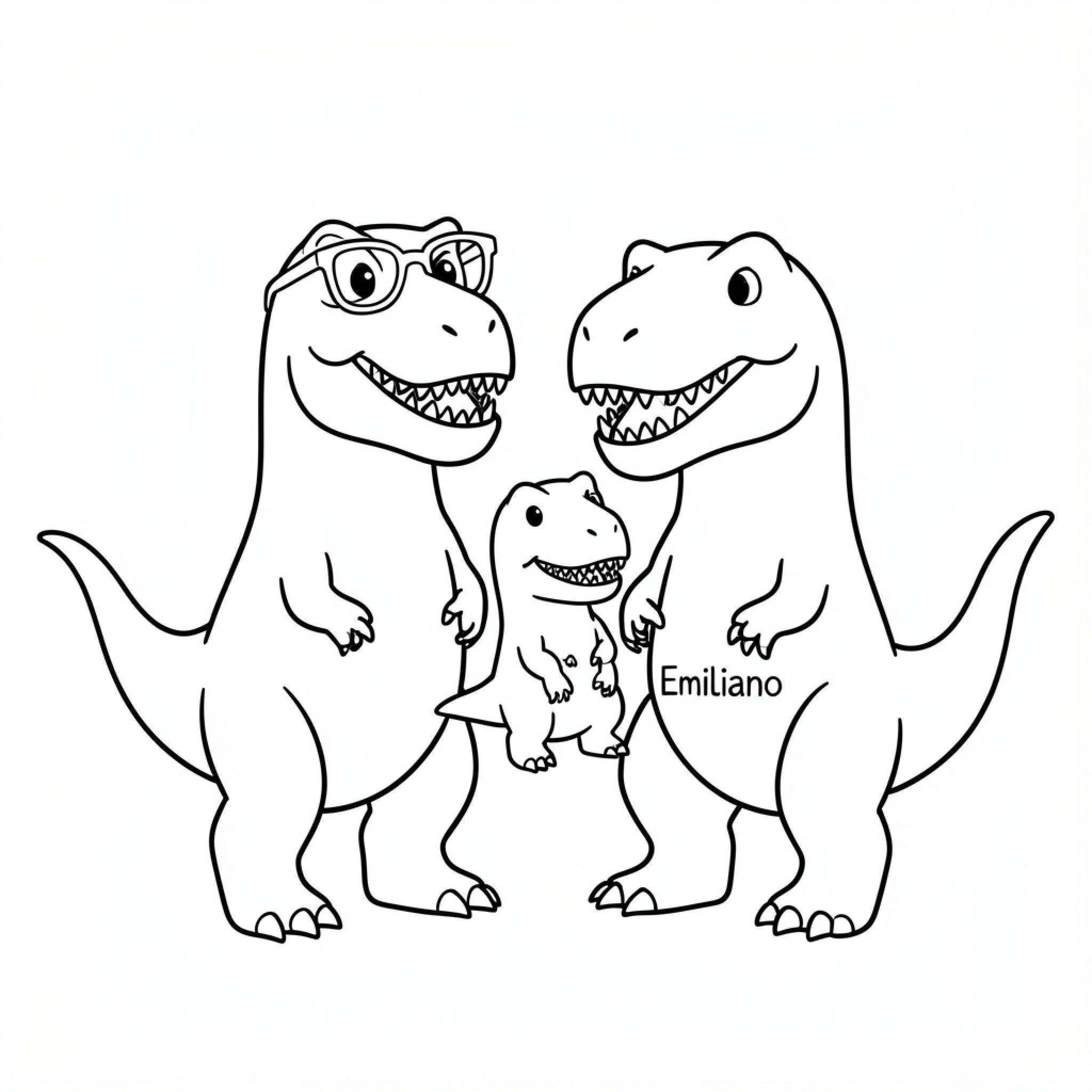 Easy Dinosaur family smiling together in a group Drawing Idea (free black-and-white line drawing printable PDF for all, from beginners to advanced learners, including children, teens, adults, and seniors)