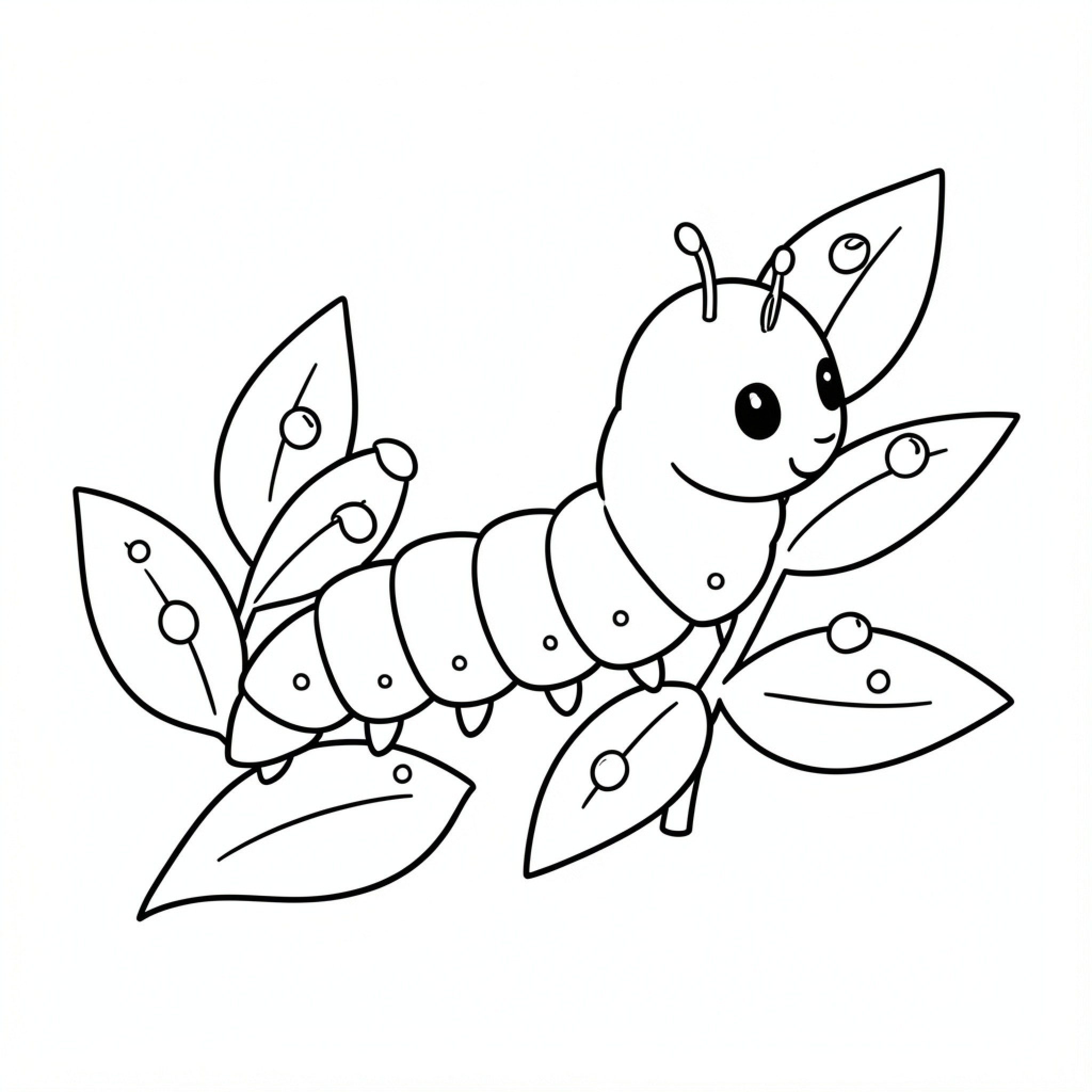 Easy Caterpillar crawling among large leaves Drawing Idea (free black-and-white line drawing printable PDF for all, from beginners to advanced learners, including children, teens, adults, and seniors)