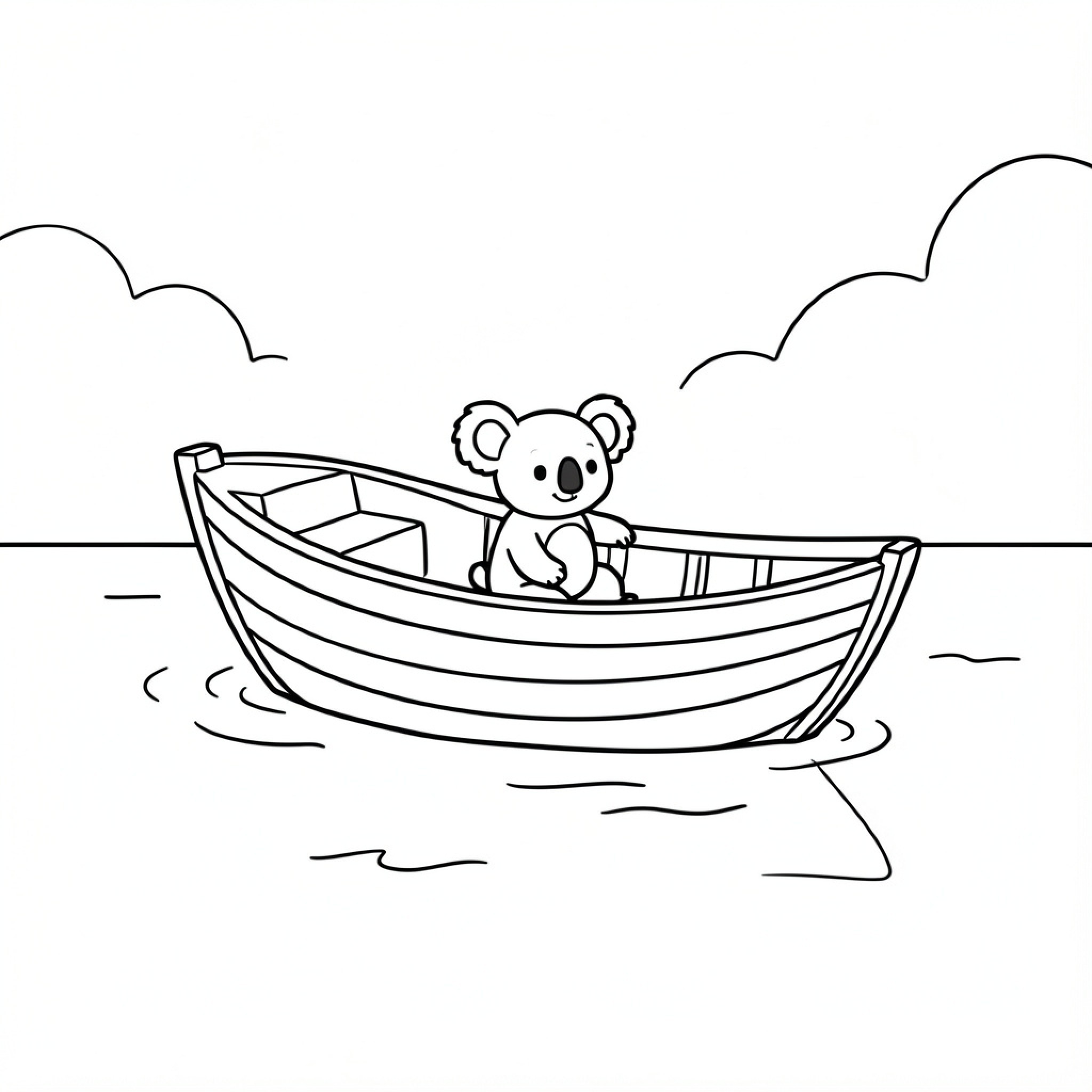 Easy Bateau with a koala riding in a boat Drawing Idea (free black-and-white line drawing printable PDF for all, from beginners to advanced learners, including children, teens, adults, and seniors)