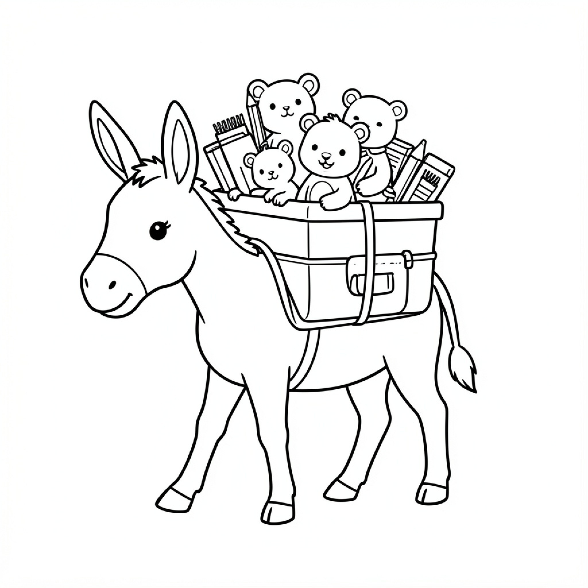 Easy Donkey carrying teddy bears and school supplies Drawing Idea (free black-and-white line drawing printable PDF for all, from beginners to advanced learners, including children, teens, adults, and seniors)