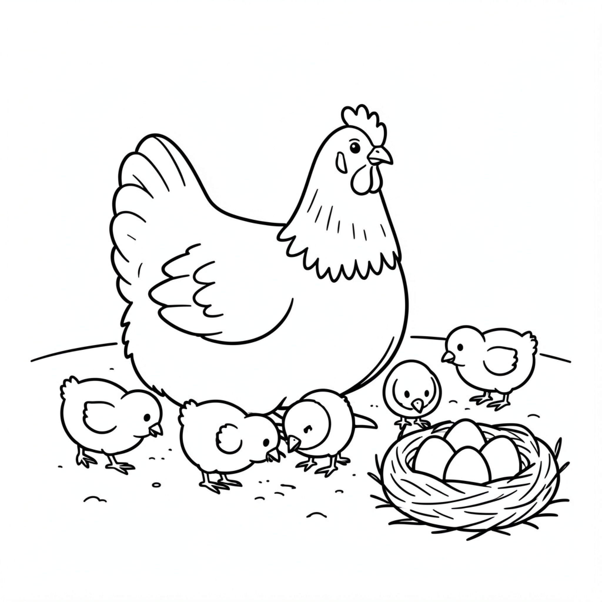 Easy Hen watching over her little chicks and nest Drawing Idea (free black-and-white line drawing printable PDF for all, from beginners to advanced learners, including children, teens, adults, and seniors)