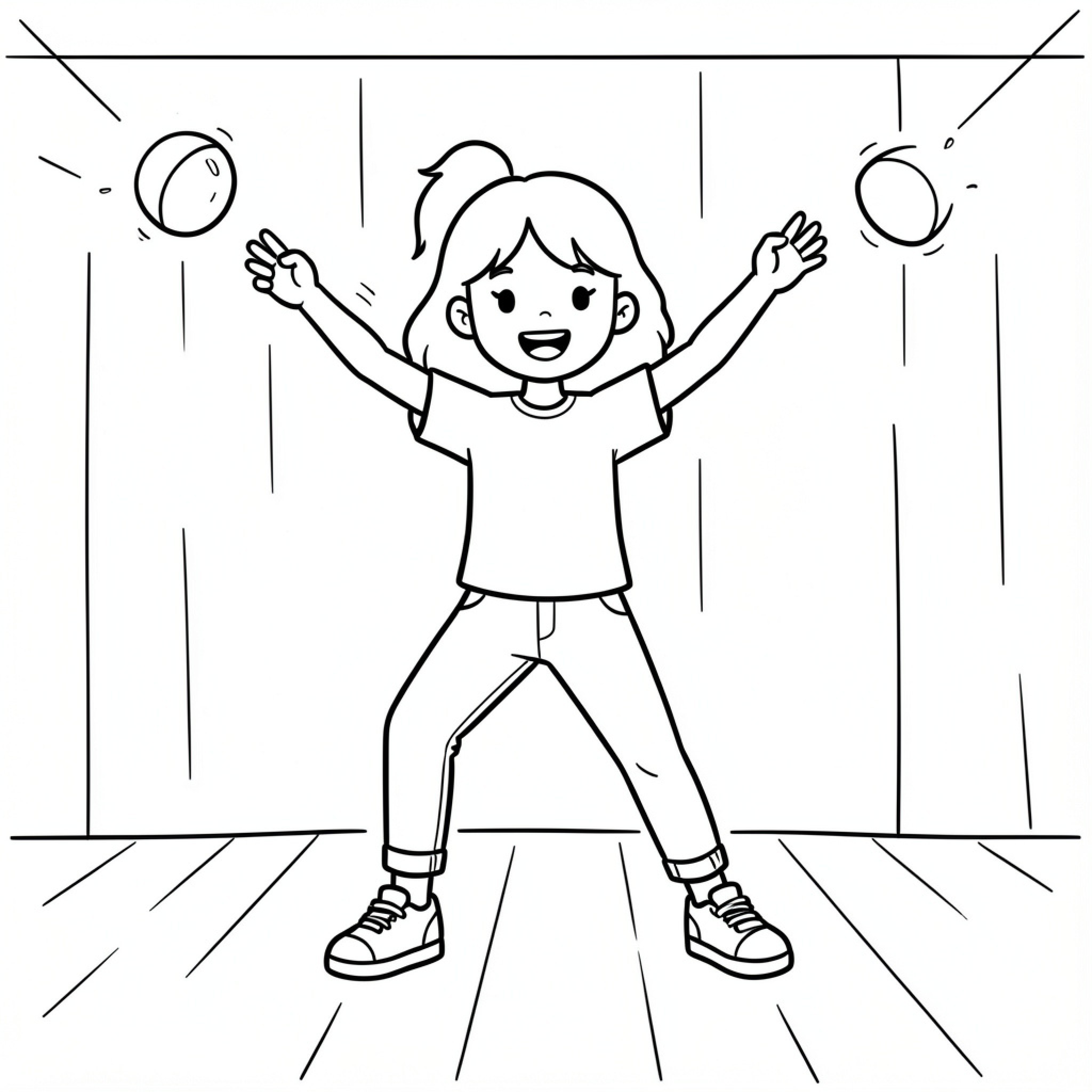 Easy Girl juggling balls with a happy expression Drawing Idea (free black-and-white line drawing printable PDF for all, from beginners to advanced learners, including children, teens, adults, and seniors)
