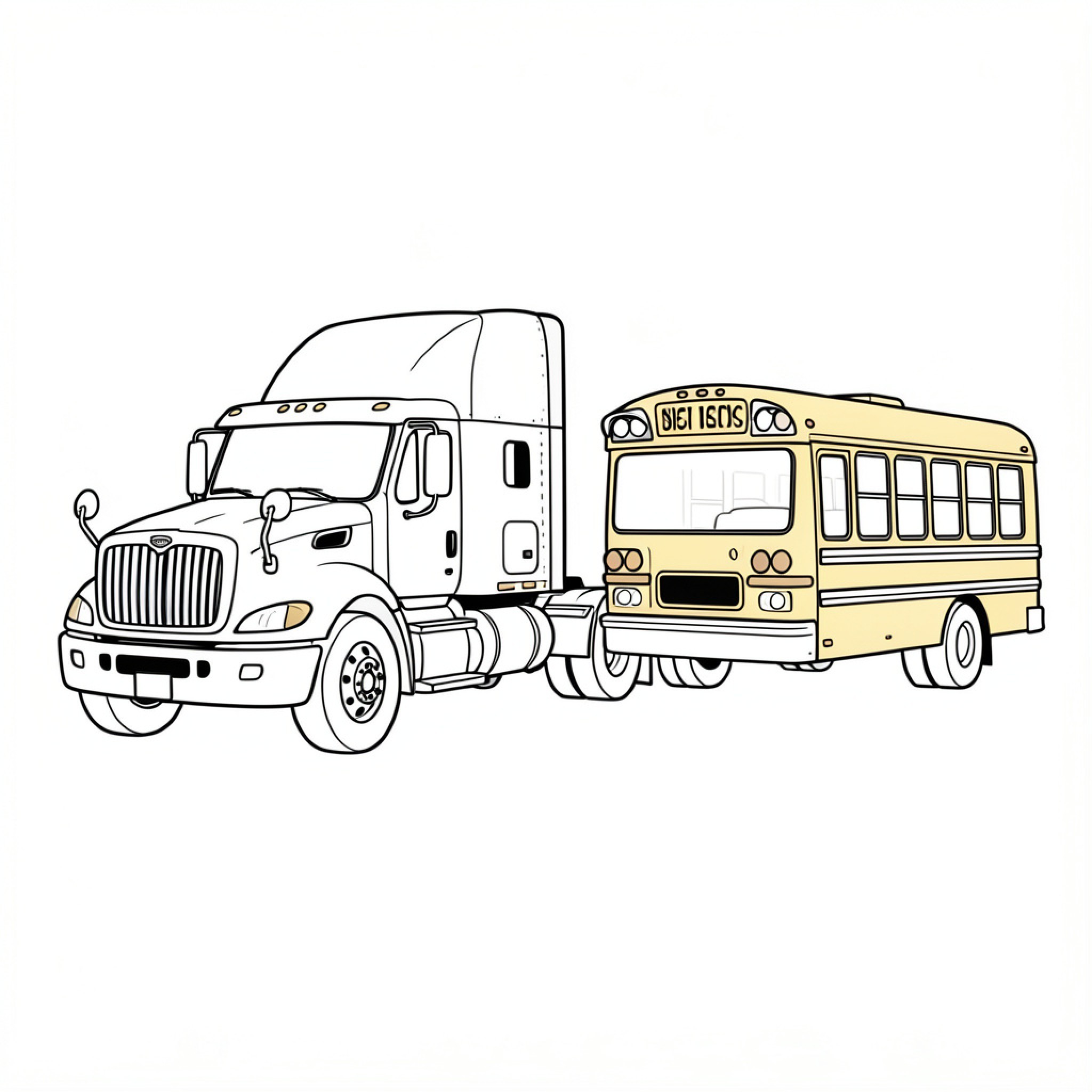 Easy Freightliner towing a school bus Drawing Idea (free black-and-white line drawing printable PDF for all, from beginners to advanced learners, including children, teens, adults, and seniors)