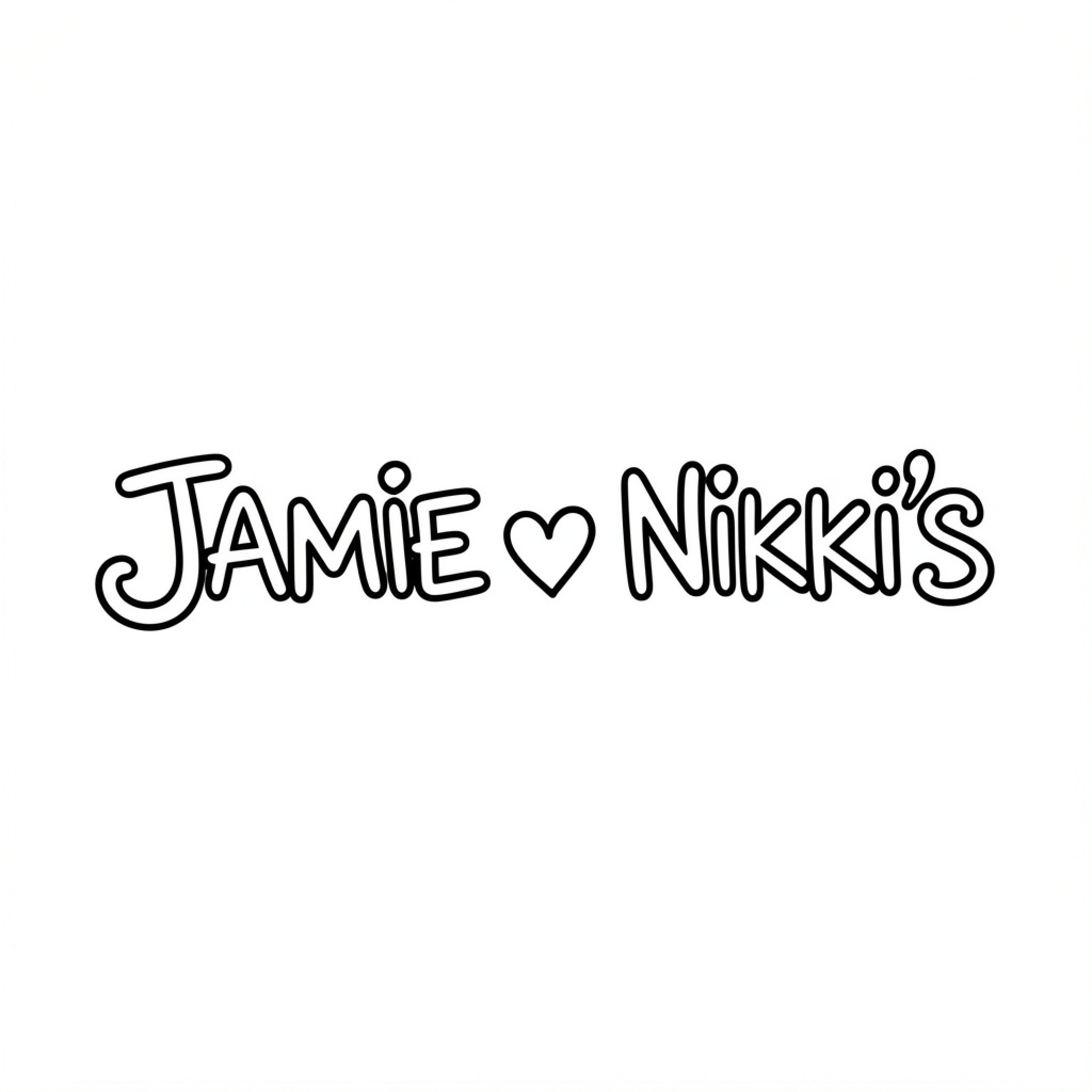 Easy Jamie & Nikki text with a heart symbol Drawing Idea (free black-and-white line drawing printable PDF for all, from beginners to advanced learners, including children, teens, adults, and seniors)