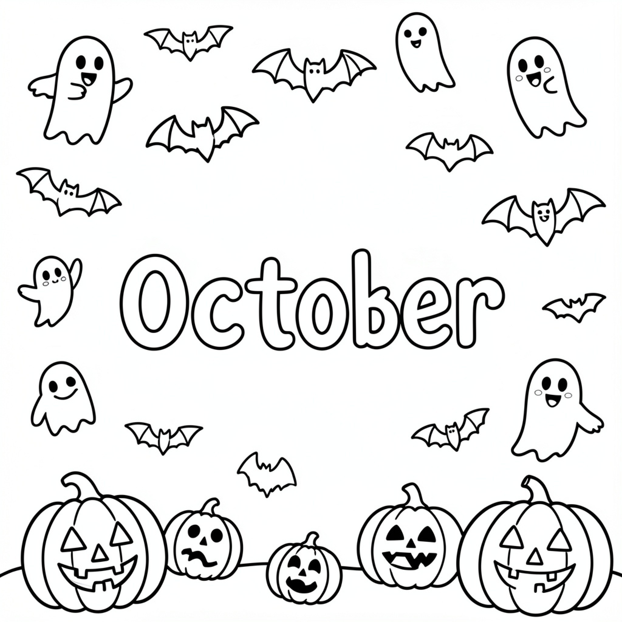 Easy October with floating ghosts and flying bats Drawing Idea (free black-and-white line drawing printable PDF for all, from beginners to advanced learners, including children, teens, adults, and seniors)