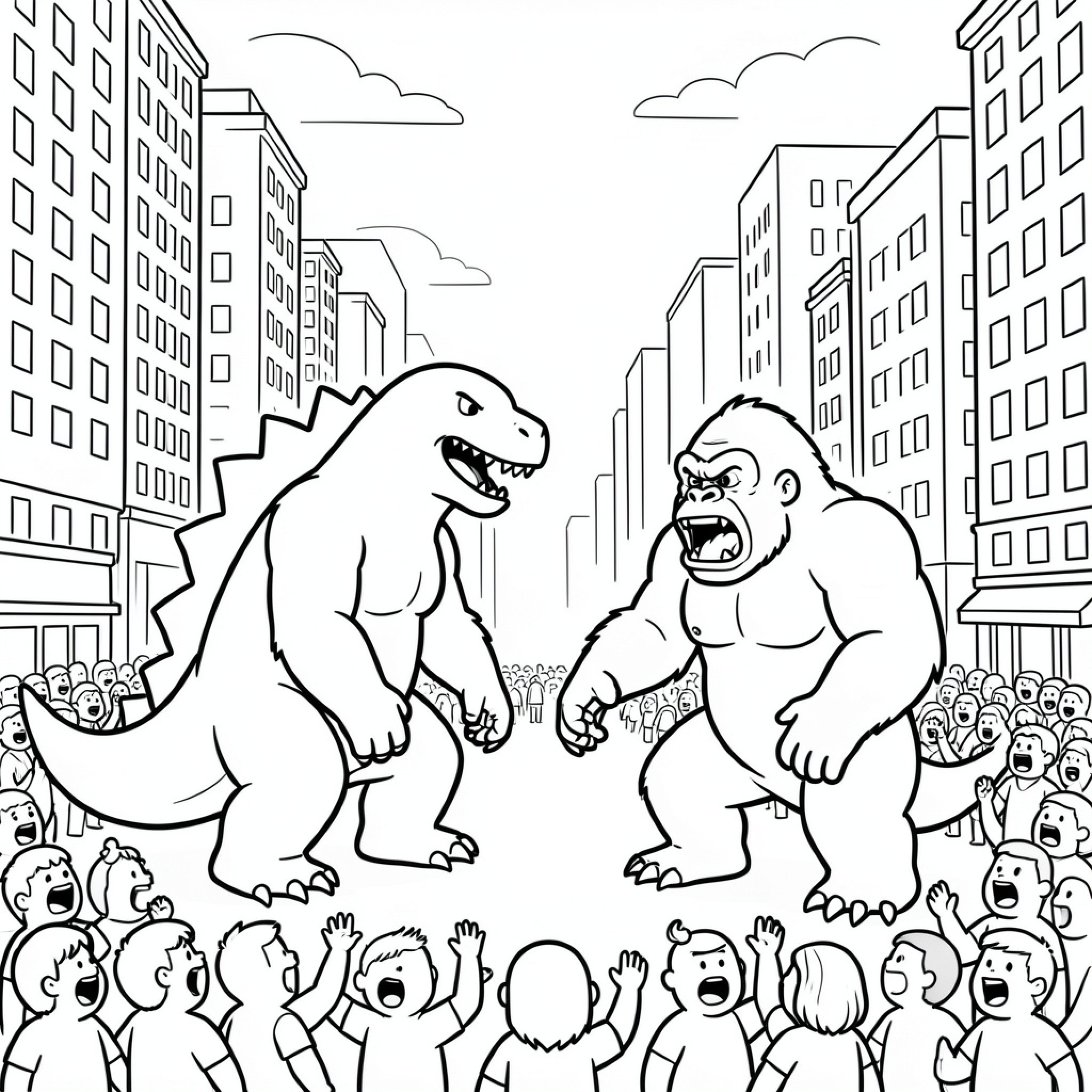 Easy Godzilla facing off against a giant gorilla Drawing Idea (free black-and-white line drawing printable PDF for all, from beginners to advanced learners, including children, teens, adults, and seniors)