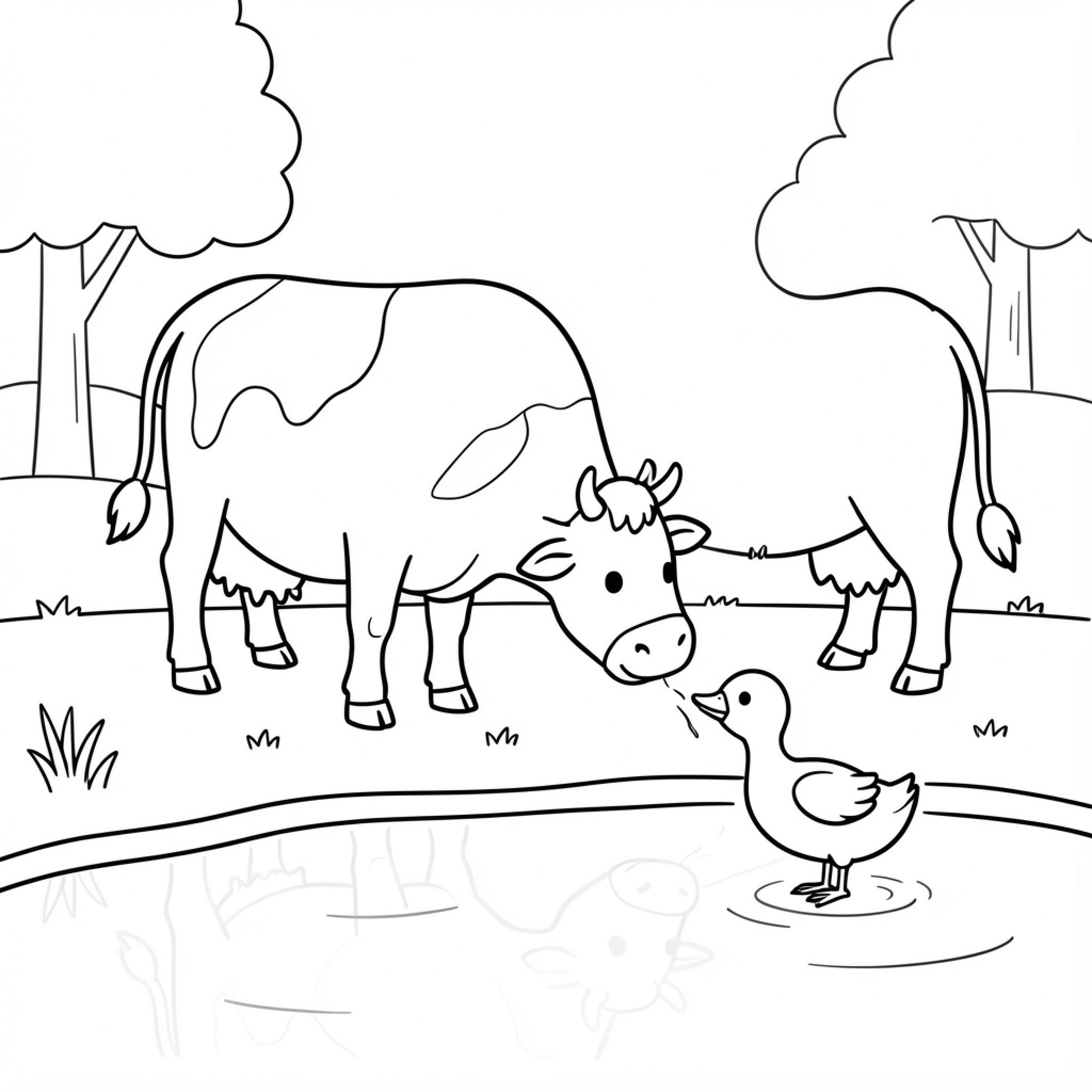 Easy Cow sniffing a small duck by the pond Drawing Idea (free black-and-white line drawing printable PDF for all, from beginners to advanced learners, including children, teens, adults, and seniors)