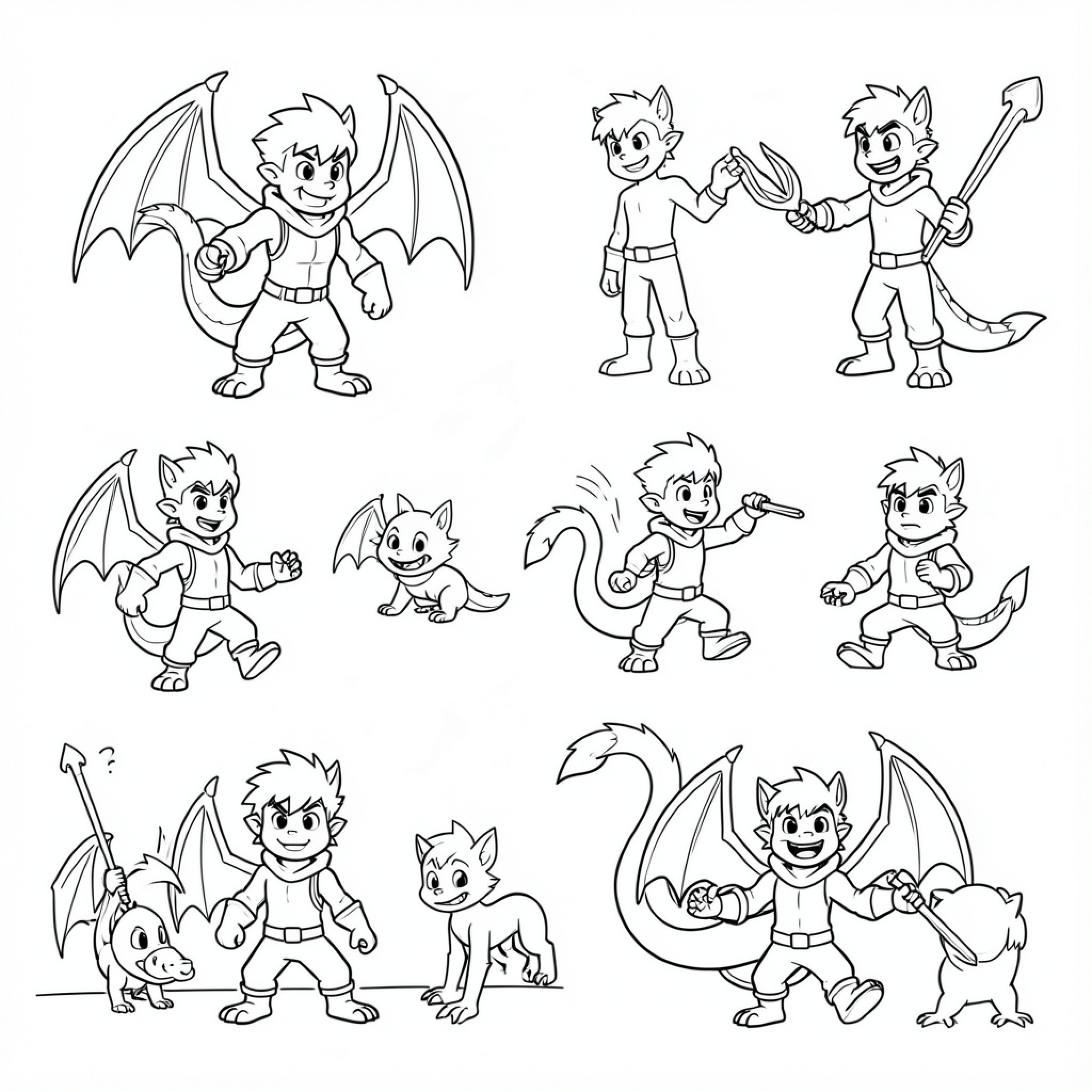 Easy American Dragon character poses and various expressions Drawing Idea (free black-and-white line drawing printable PDF for all, from beginners to advanced learners, including children, teens, adults, and seniors)