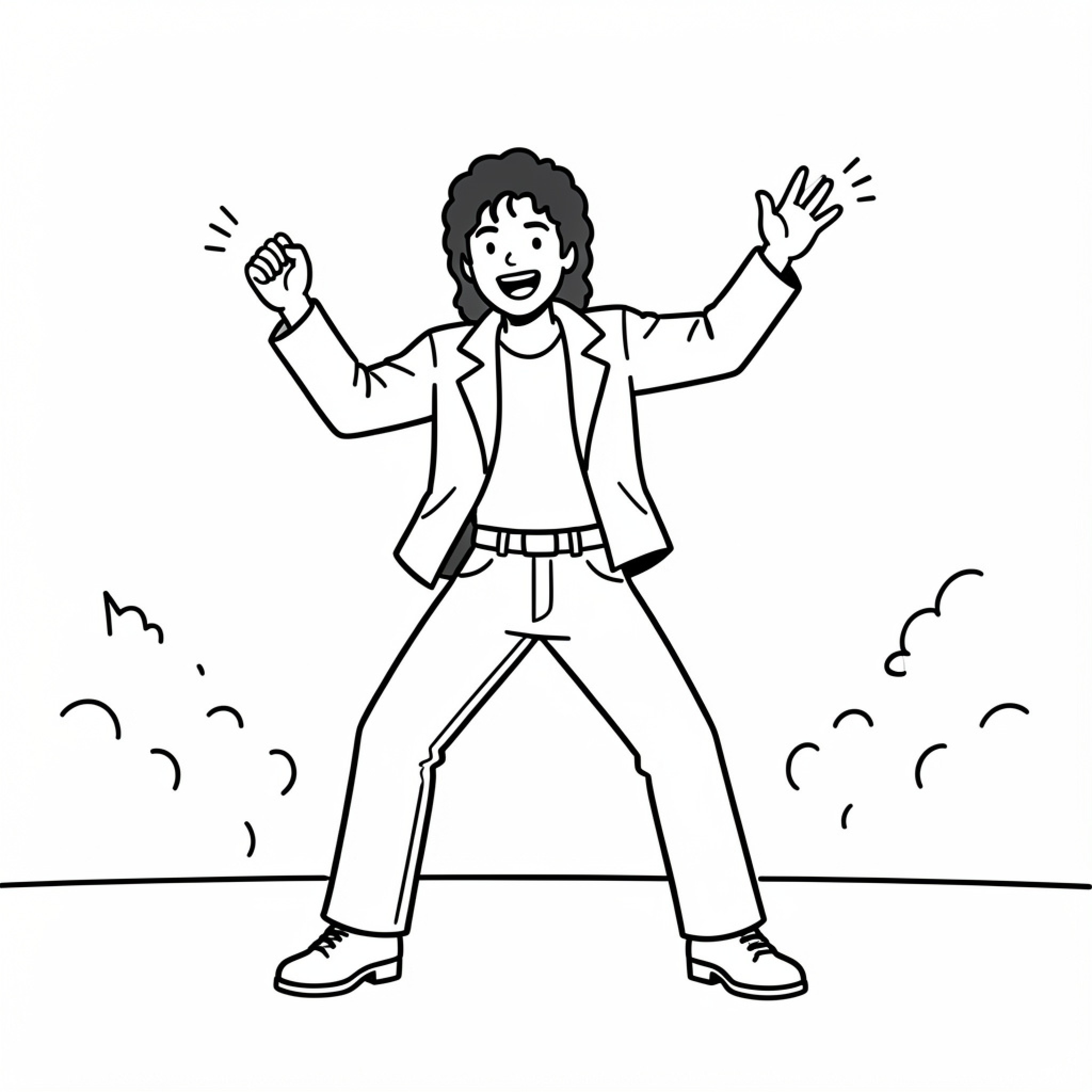Easy Michael Jackson dancing energetically in a suit Drawing Idea (free black-and-white line drawing printable PDF for all, from beginners to advanced learners, including children, teens, adults, and seniors)