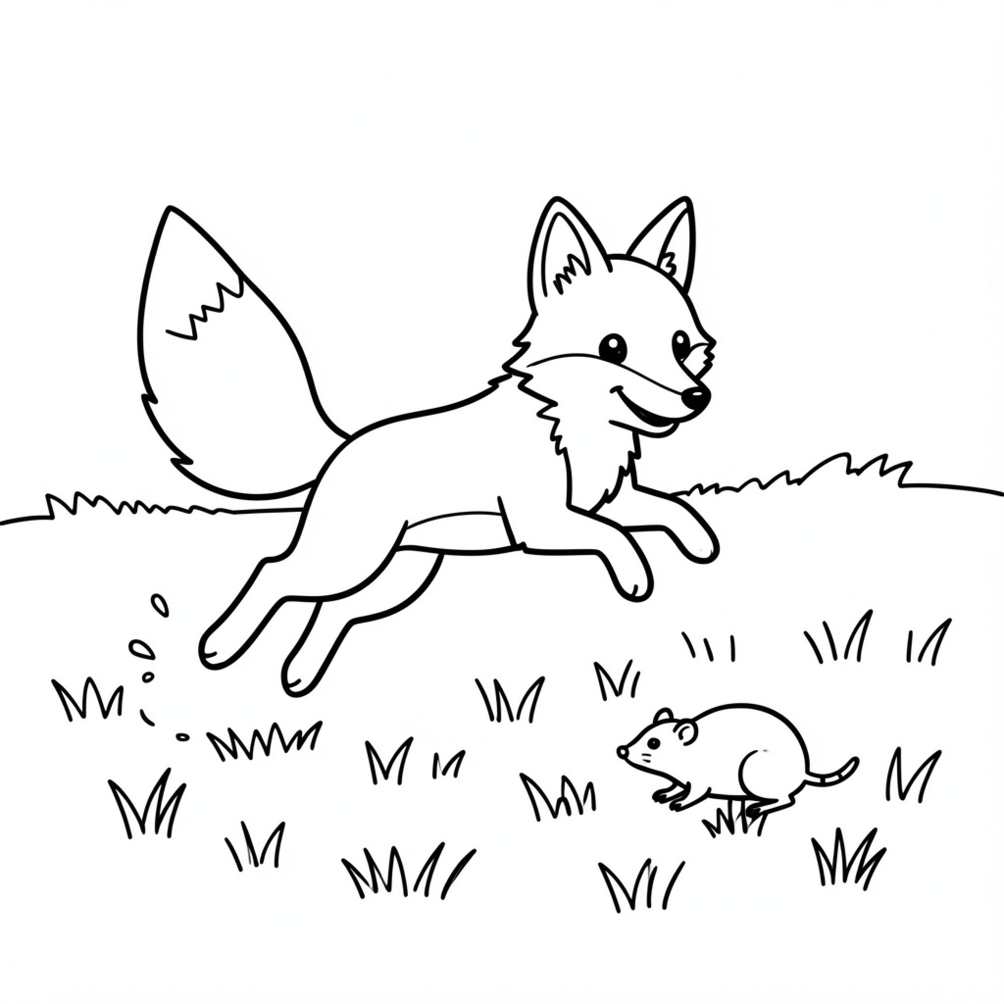 Easy Fox chasing a small mouse through the grass Drawing Idea (free black-and-white line drawing printable PDF for all, from beginners to advanced learners, including children, teens, adults, and seniors)