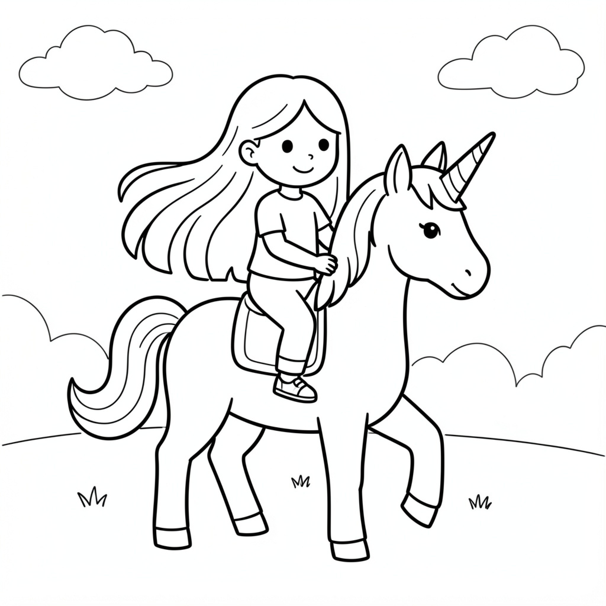 Easy Unicorn girl riding happily through the clouds Drawing Idea (free black-and-white line drawing printable PDF for all, from beginners to advanced learners, including children, teens, adults, and seniors)