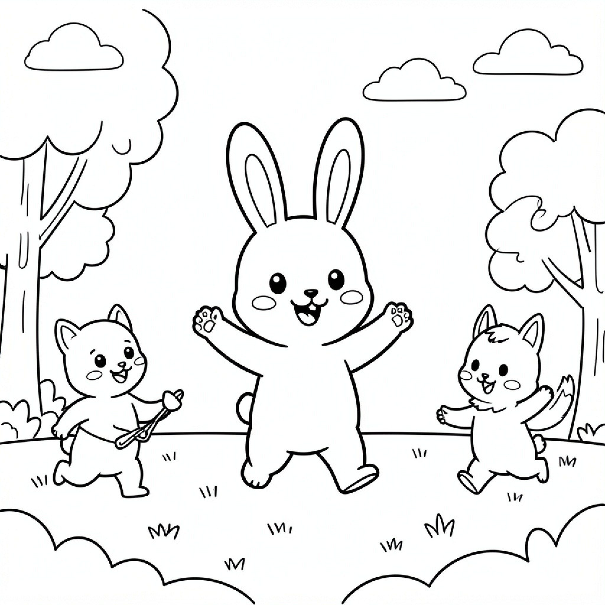Easy Bing happy animals playing in a field Drawing Idea (free black-and-white line drawing printable PDF for all, from beginners to advanced learners, including children, teens, adults, and seniors)