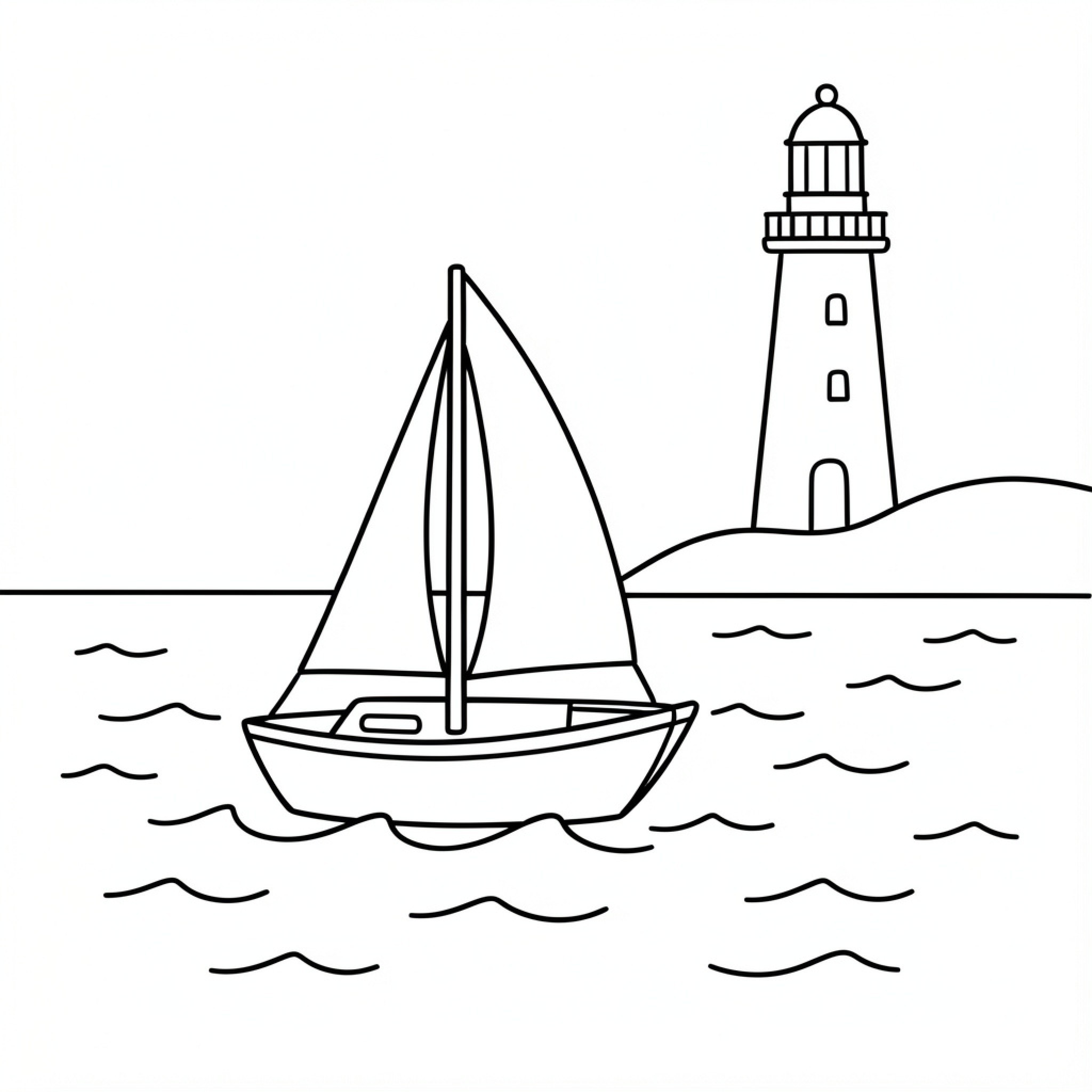 Easy Sailboat floating on waves near a lighthouse Drawing Idea (free black-and-white line drawing printable PDF for all, from beginners to advanced learners, including children, teens, adults, and seniors)