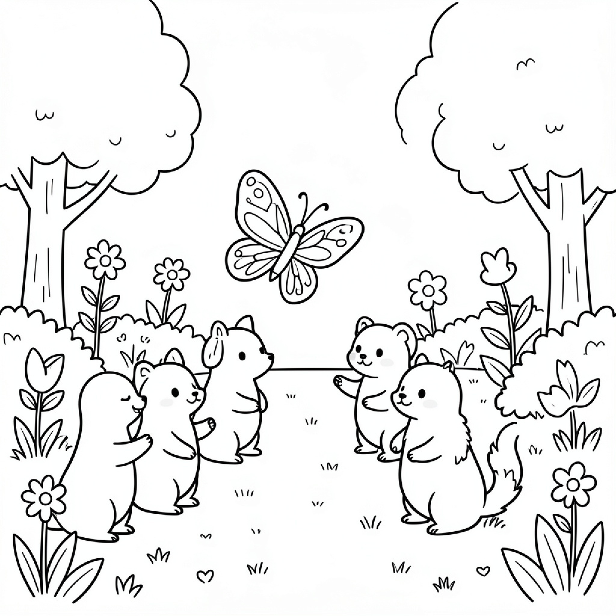 Easy Butterfly watching small animals in the forest Drawing Idea (free black-and-white line drawing printable PDF for all, from beginners to advanced learners, including children, teens, adults, and seniors)