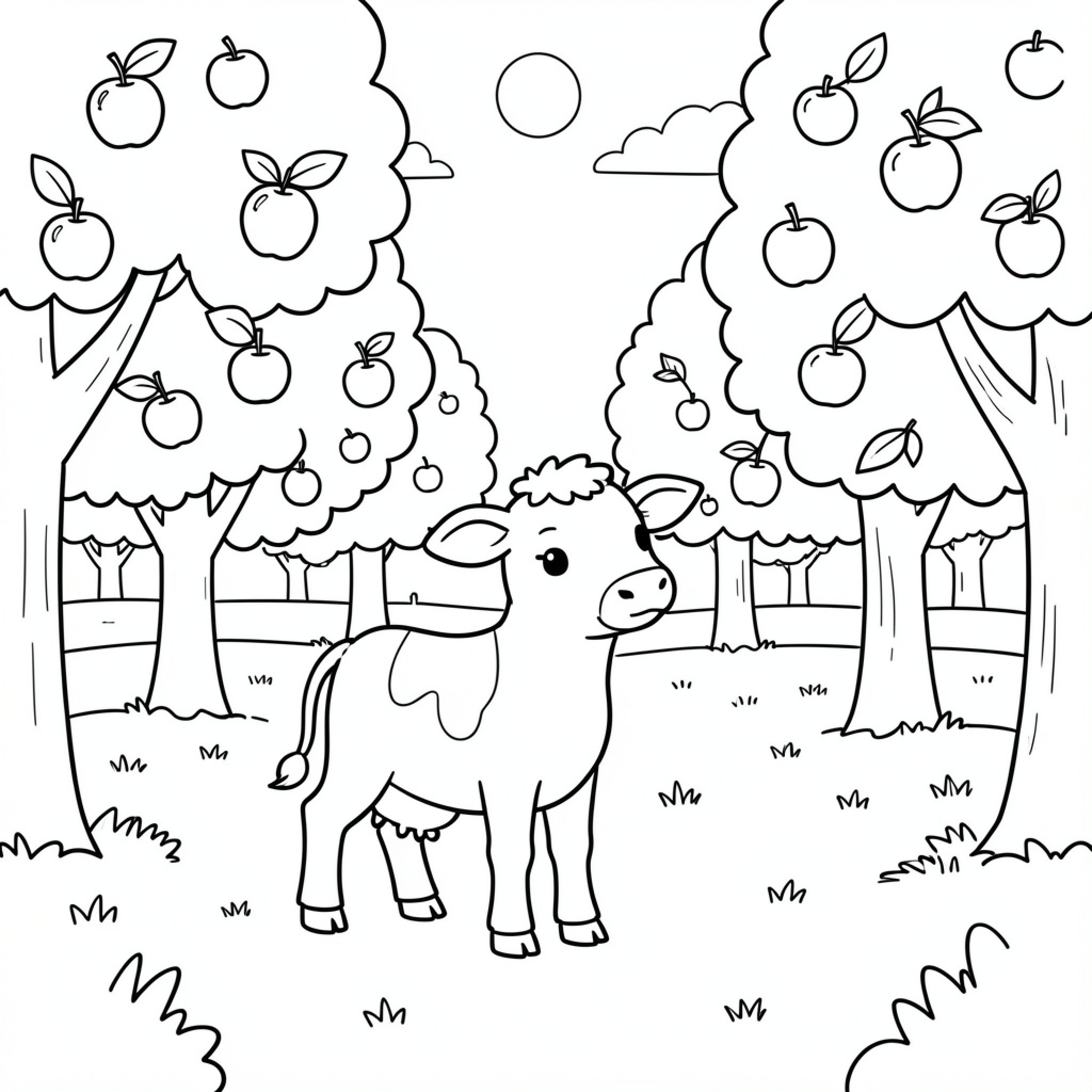 Easy Calf standing in an apple orchard Drawing Idea (free black-and-white line drawing printable PDF for all, from beginners to advanced learners, including children, teens, adults, and seniors)