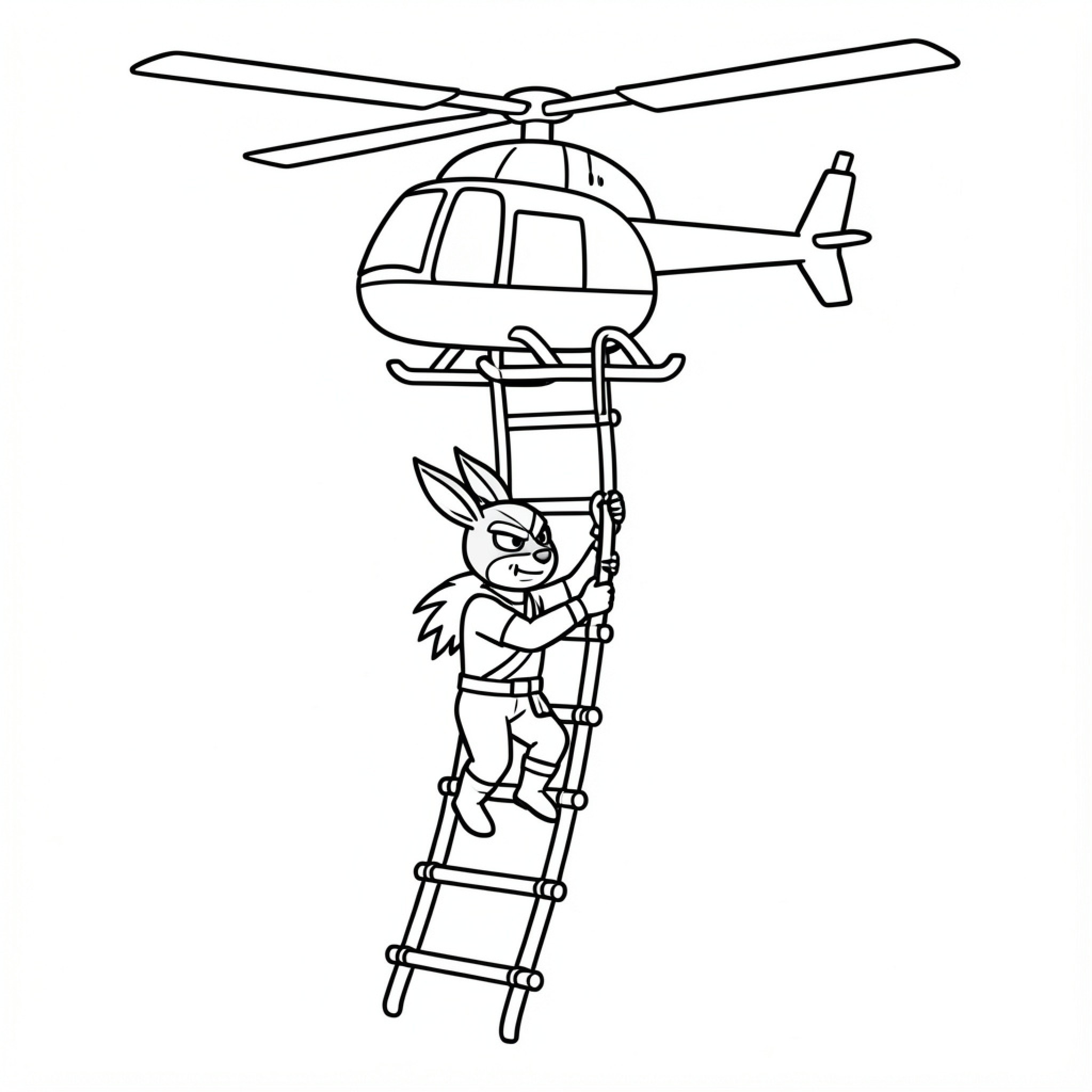 Easy Kraven cartoon character climbing a helicopter ladder Drawing Idea (free black-and-white line drawing printable PDF for all, from beginners to advanced learners, including children, teens, adults, and seniors)