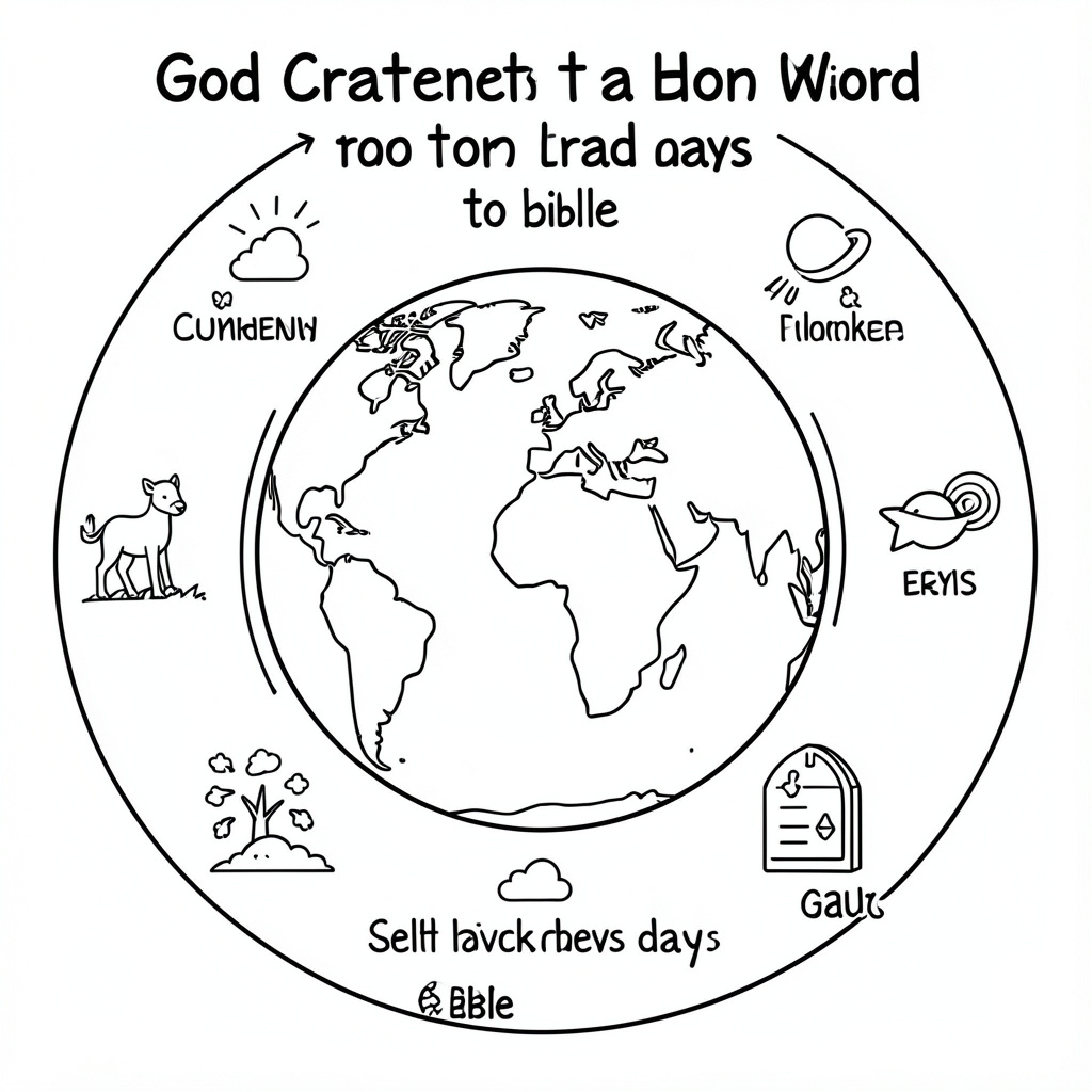Easy Creation of the world and its many creatures Drawing Idea (free black-and-white line drawing printable PDF for all, from beginners to advanced learners, including children, teens, adults, and seniors)