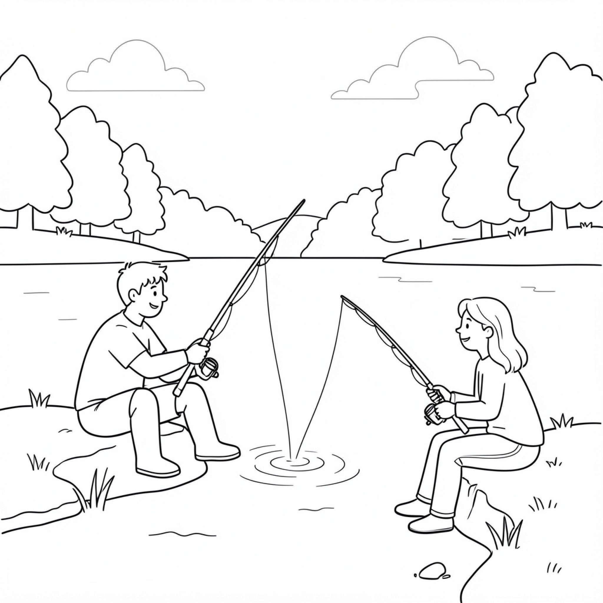 Easy Todd children fishing together by a calm lake Drawing Idea (free black-and-white line drawing printable PDF for all, from beginners to advanced learners, including children, teens, adults, and seniors)