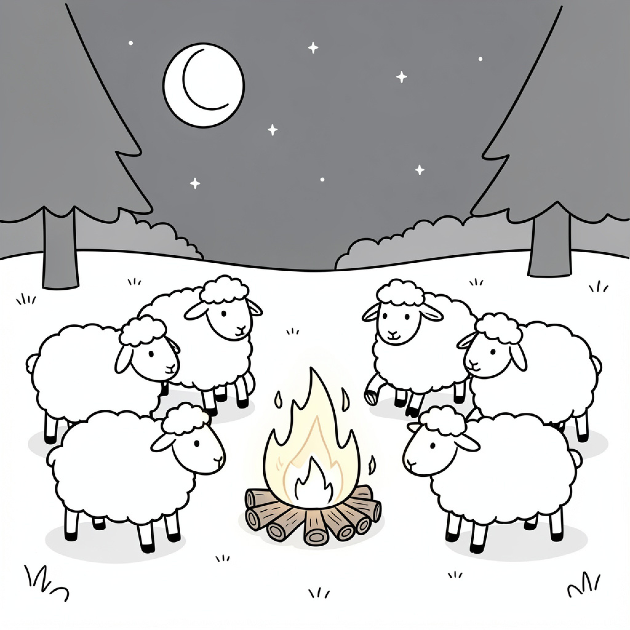 Easy Sheep gathering around a cozy campfire at night Drawing Idea (free black-and-white line drawing printable PDF for all, from beginners to advanced learners, including children, teens, adults, and seniors)