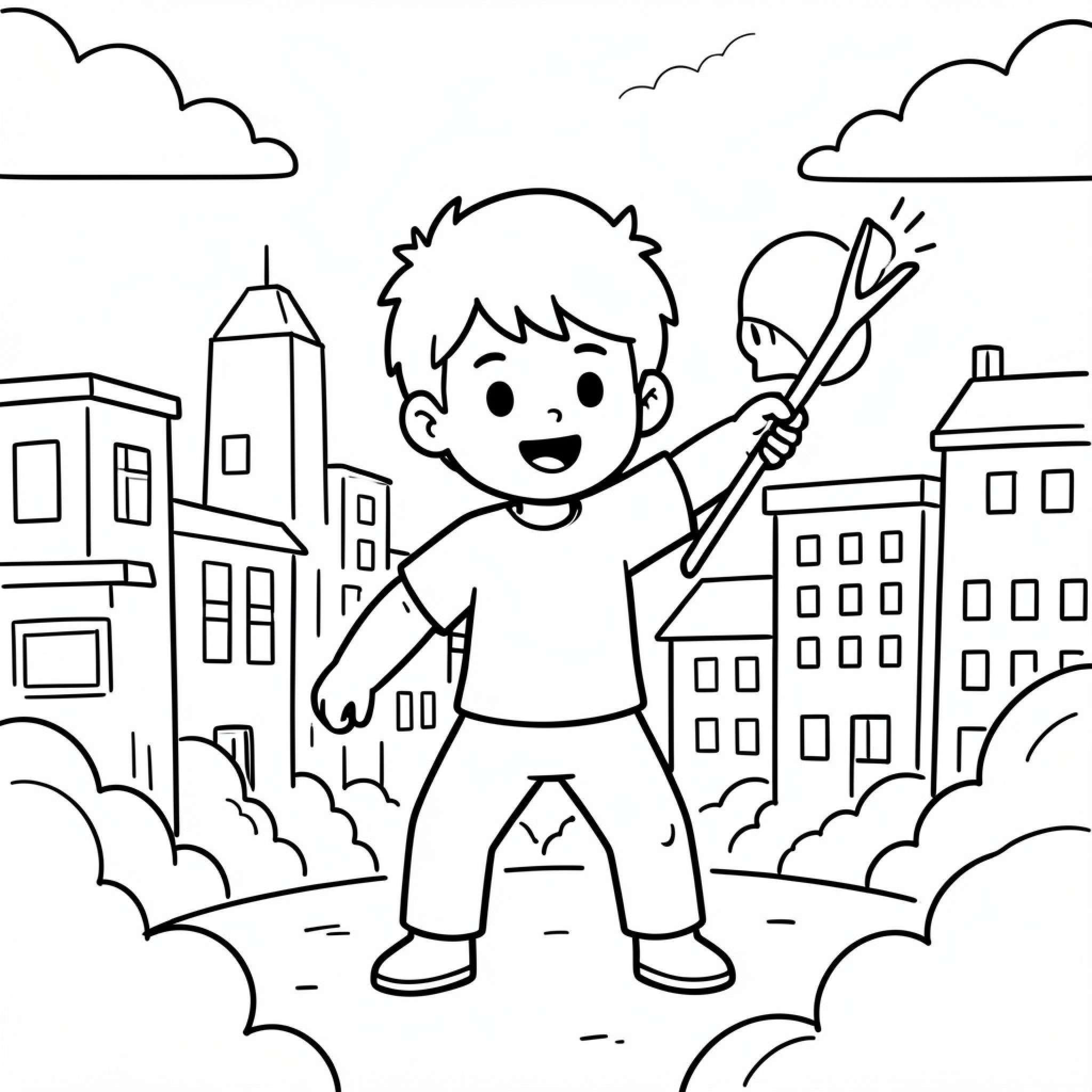 Easy Kid cheering while holding a magic wand Drawing Idea (free black-and-white line drawing printable PDF for all, from beginners to advanced learners, including children, teens, adults, and seniors)
