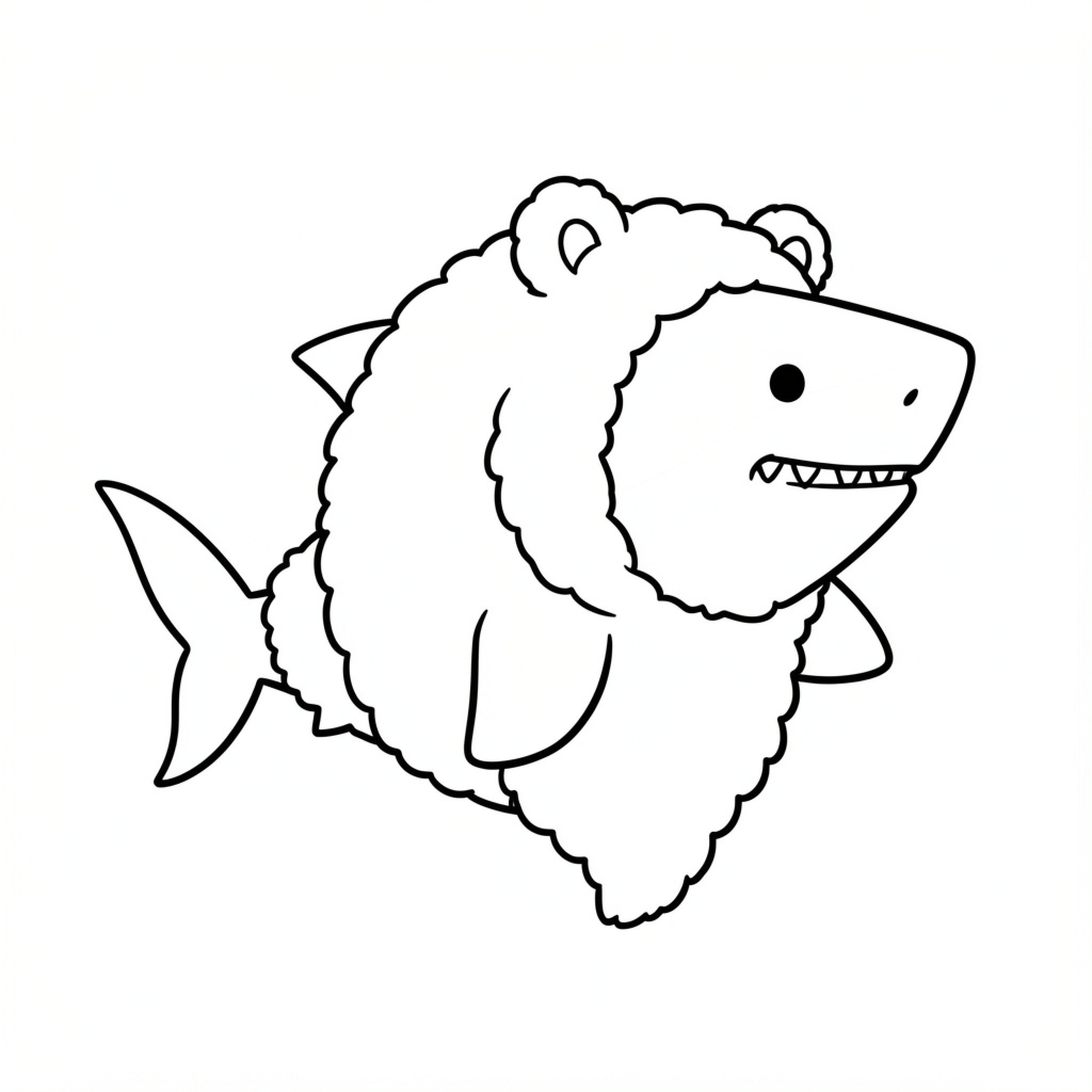 Easy Shark wearing a fluffy animal costume Drawing Idea (free black-and-white line drawing printable PDF for all, from beginners to advanced learners, including children, teens, adults, and seniors)