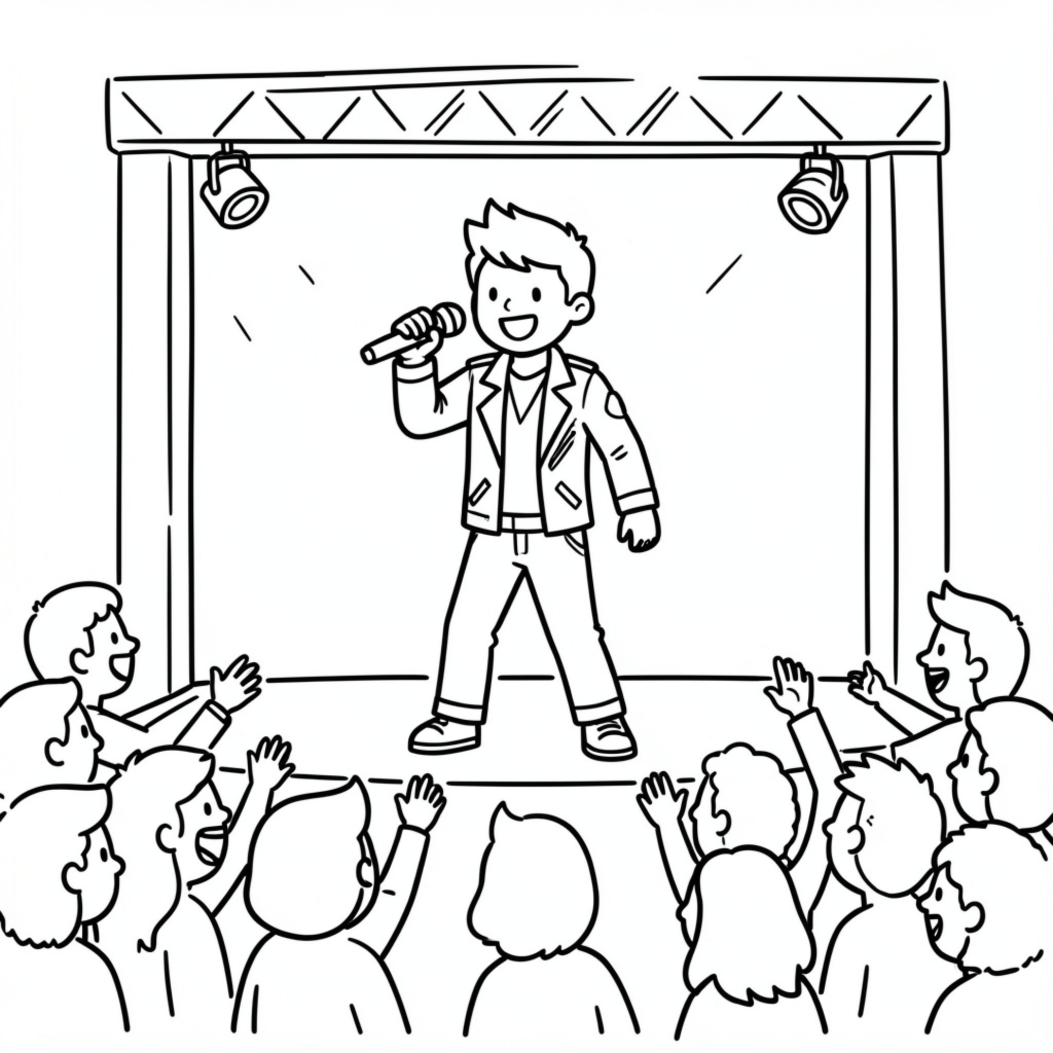Easy Rockstar performing on stage for a cheering crowd Drawing Idea (free black-and-white line drawing printable PDF for all, from beginners to advanced learners, including children, teens, adults, and seniors)