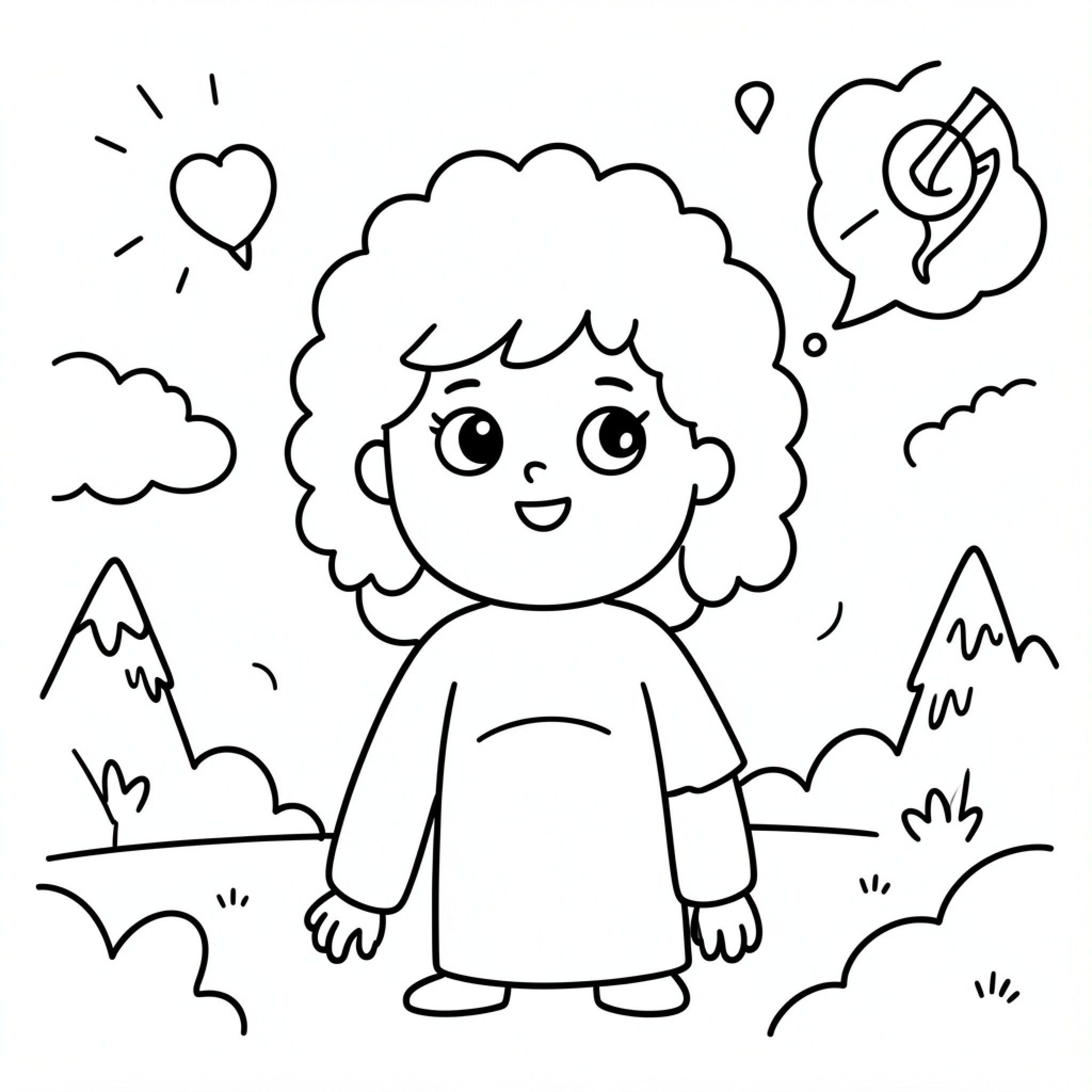 Easy Psychedelic happy child dreaming of music and love Drawing Idea (free black-and-white line drawing printable PDF for all, from beginners to advanced learners, including children, teens, adults, and seniors)