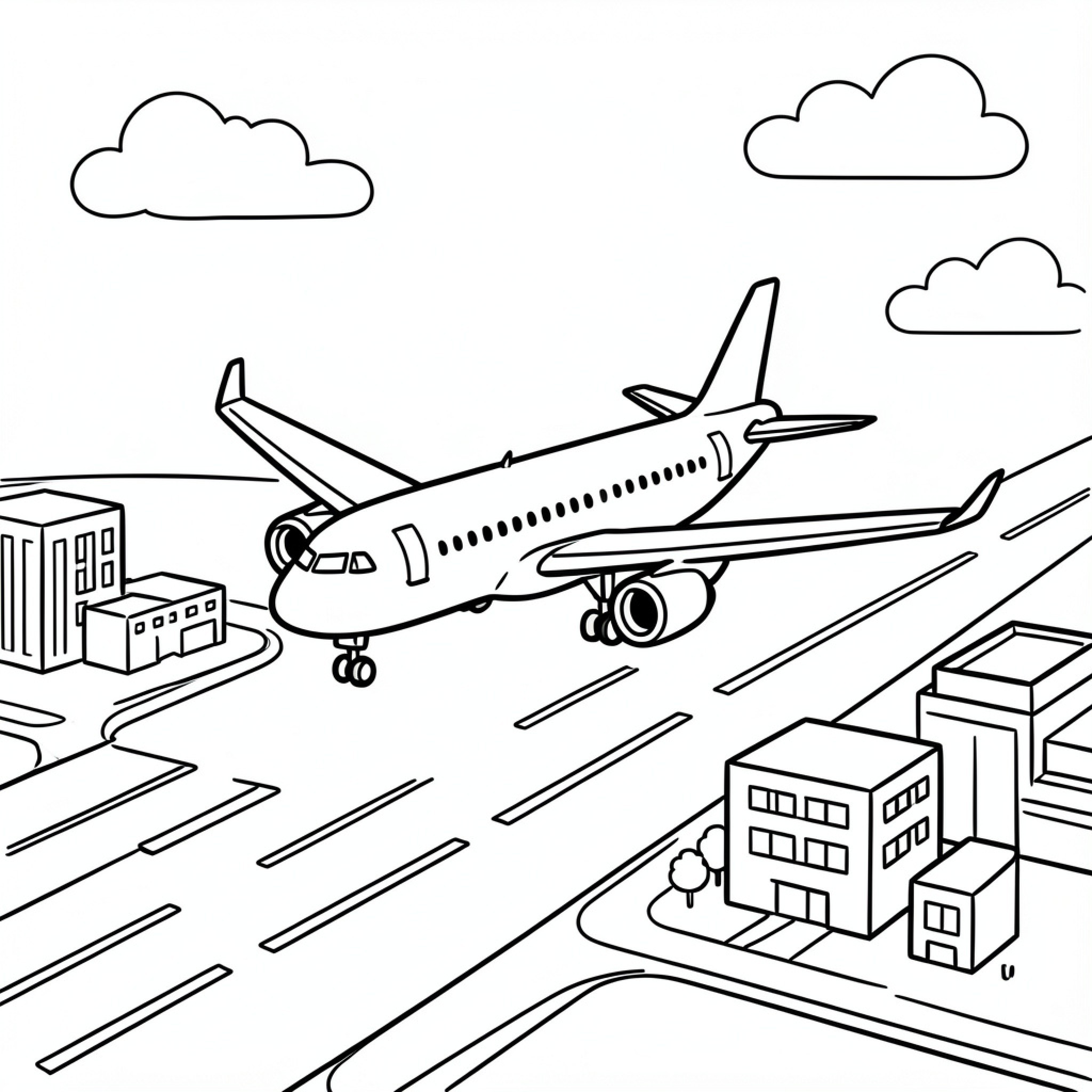 Easy A320 airplane taking off from the airport runway Drawing Idea (free black-and-white line drawing printable PDF for all, from beginners to advanced learners, including children, teens, adults, and seniors)
