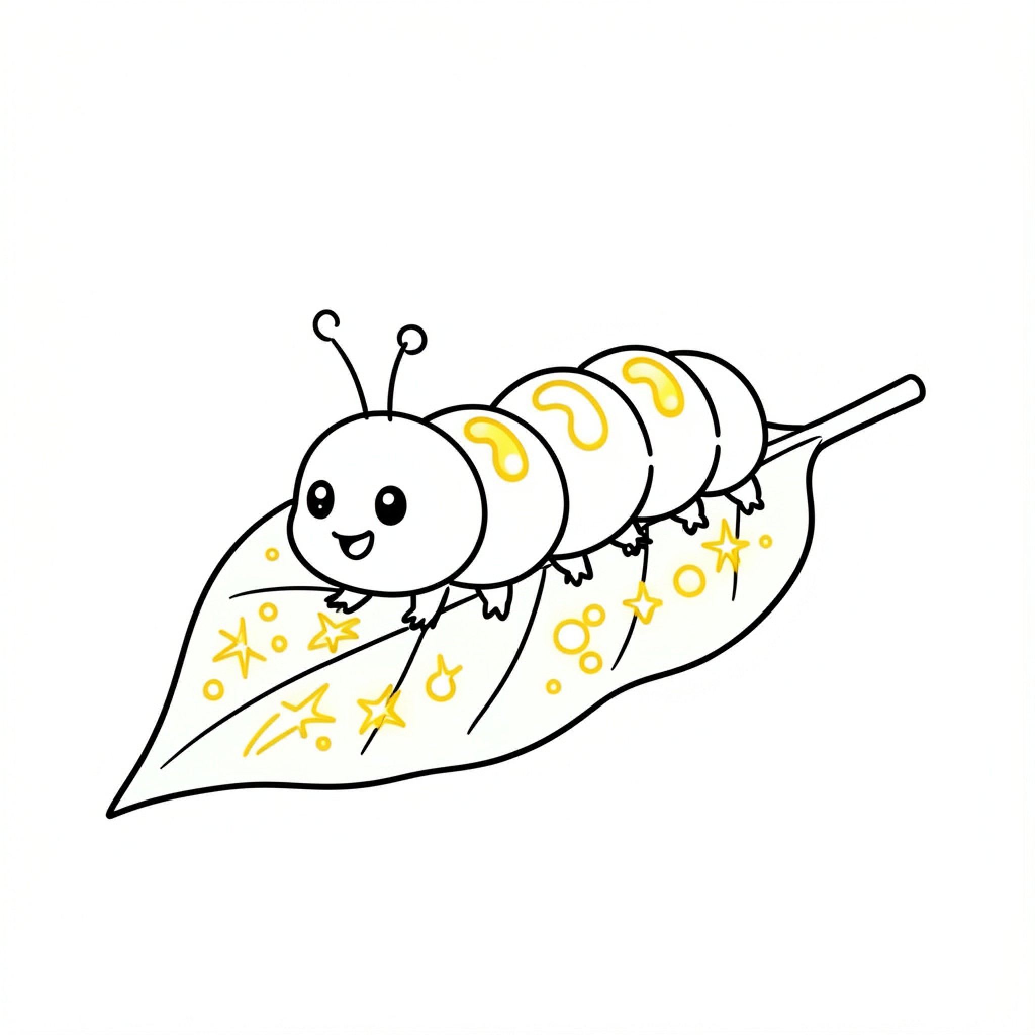 Easy Caterpillar smiling while resting on a leaf Drawing Idea (free black-and-white line drawing printable PDF for all, from beginners to advanced learners, including children, teens, adults, and seniors)