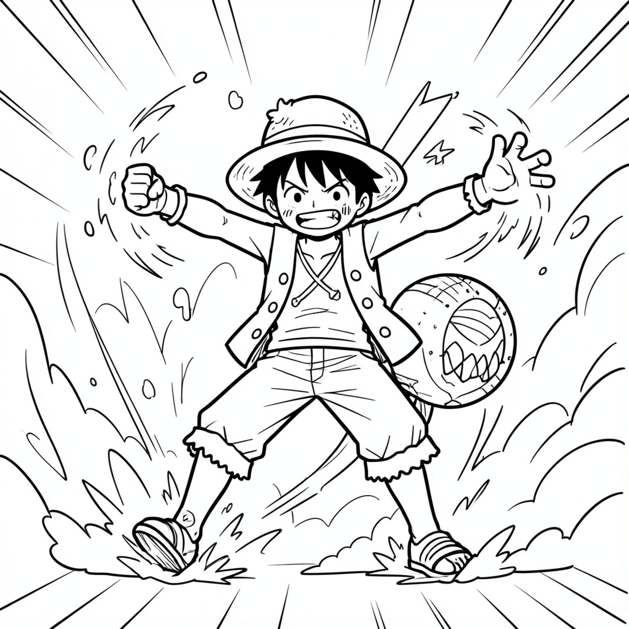 Easy Luffy posing dynamically in an action scene Drawing Idea (free black-and-white line drawing printable PDF for all, from beginners to advanced learners, including children, teens, adults, and seniors)