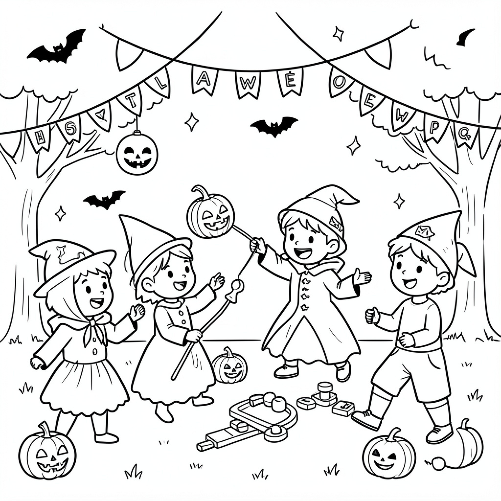 Easy Children celebrating Halloween in festive costumes Drawing Idea (free black-and-white line drawing printable PDF for all, from beginners to advanced learners, including children, teens, adults, and seniors)