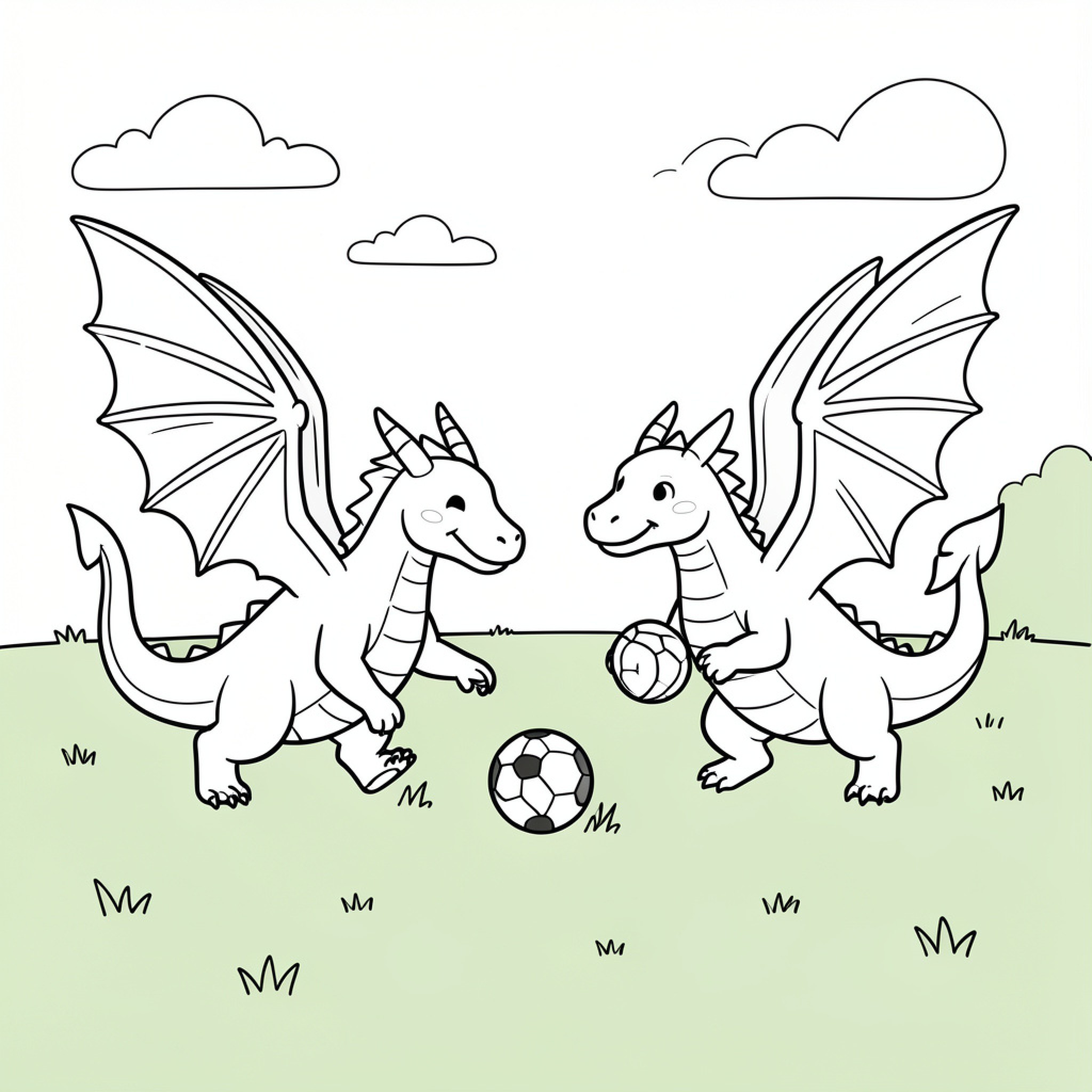 Easy Dragon playing soccer in a grassy field Drawing Idea (free black-and-white line drawing printable PDF for all, from beginners to advanced learners, including children, teens, adults, and seniors)