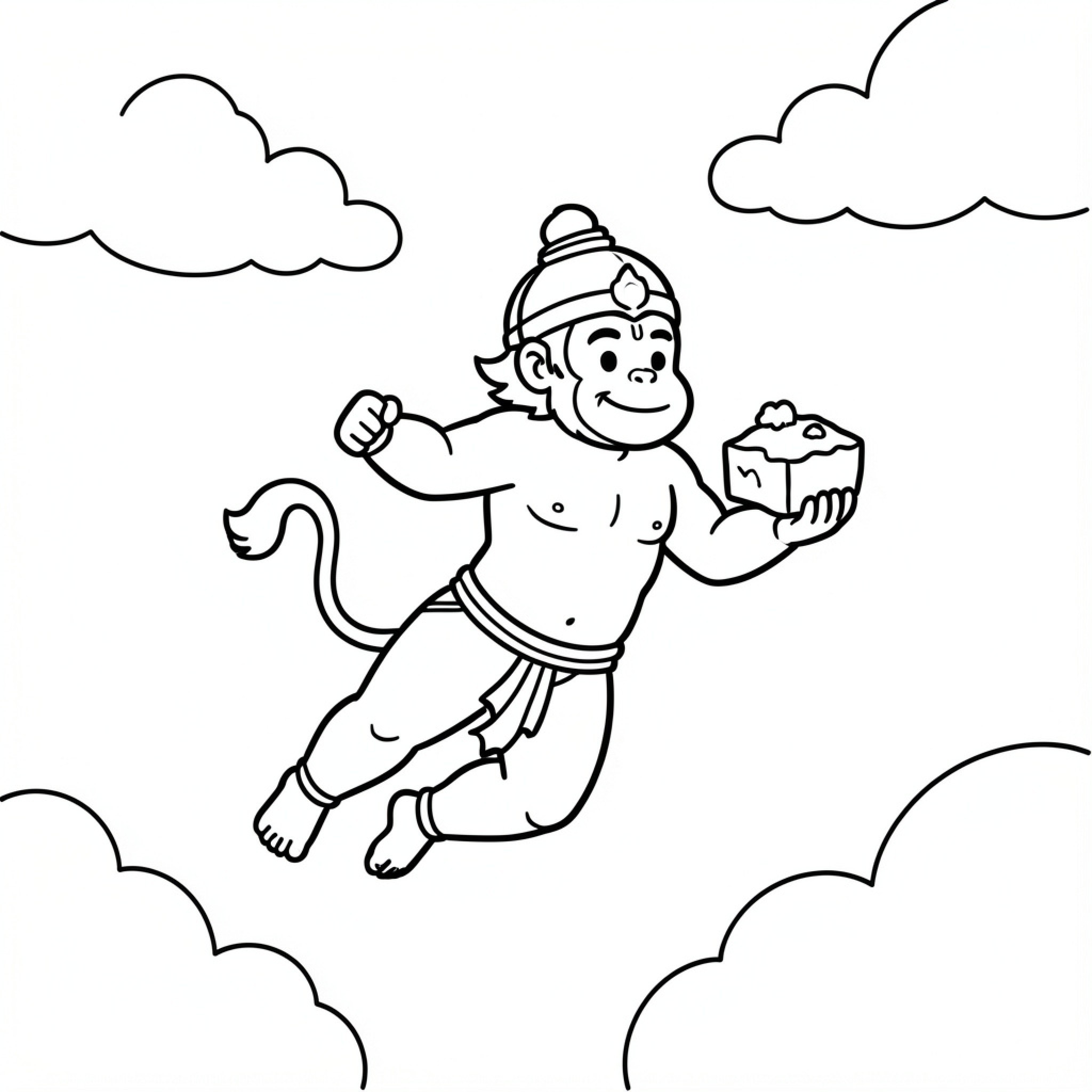 Easy Hanuman flying through clouds holding a mountain Drawing Idea (free black-and-white line drawing printable PDF for all, from beginners to advanced learners, including children, teens, adults, and seniors)
