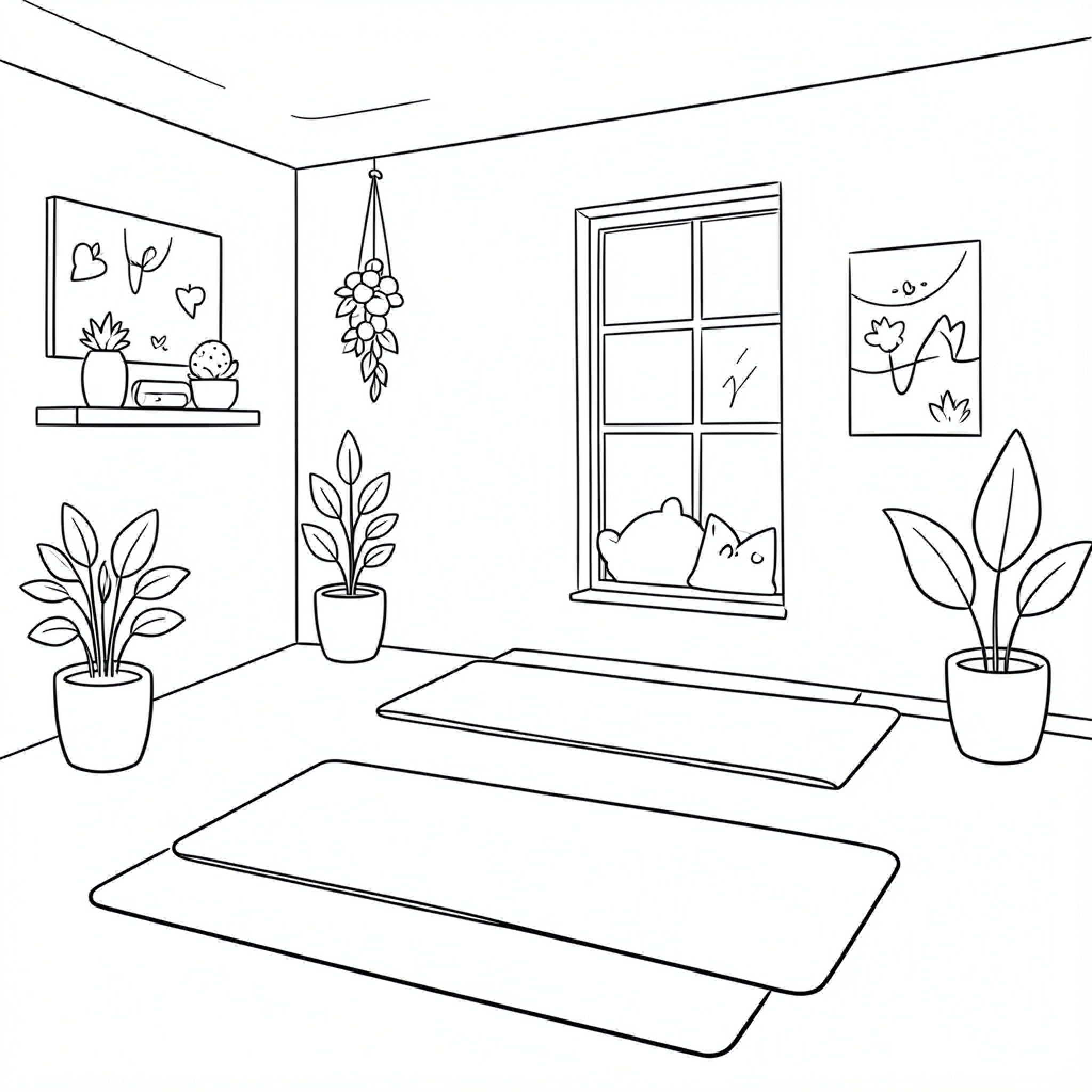 Easy Yoga mats in a peaceful room with plants Drawing Idea (free black-and-white line drawing printable PDF for all, from beginners to advanced learners, including children, teens, adults, and seniors)
