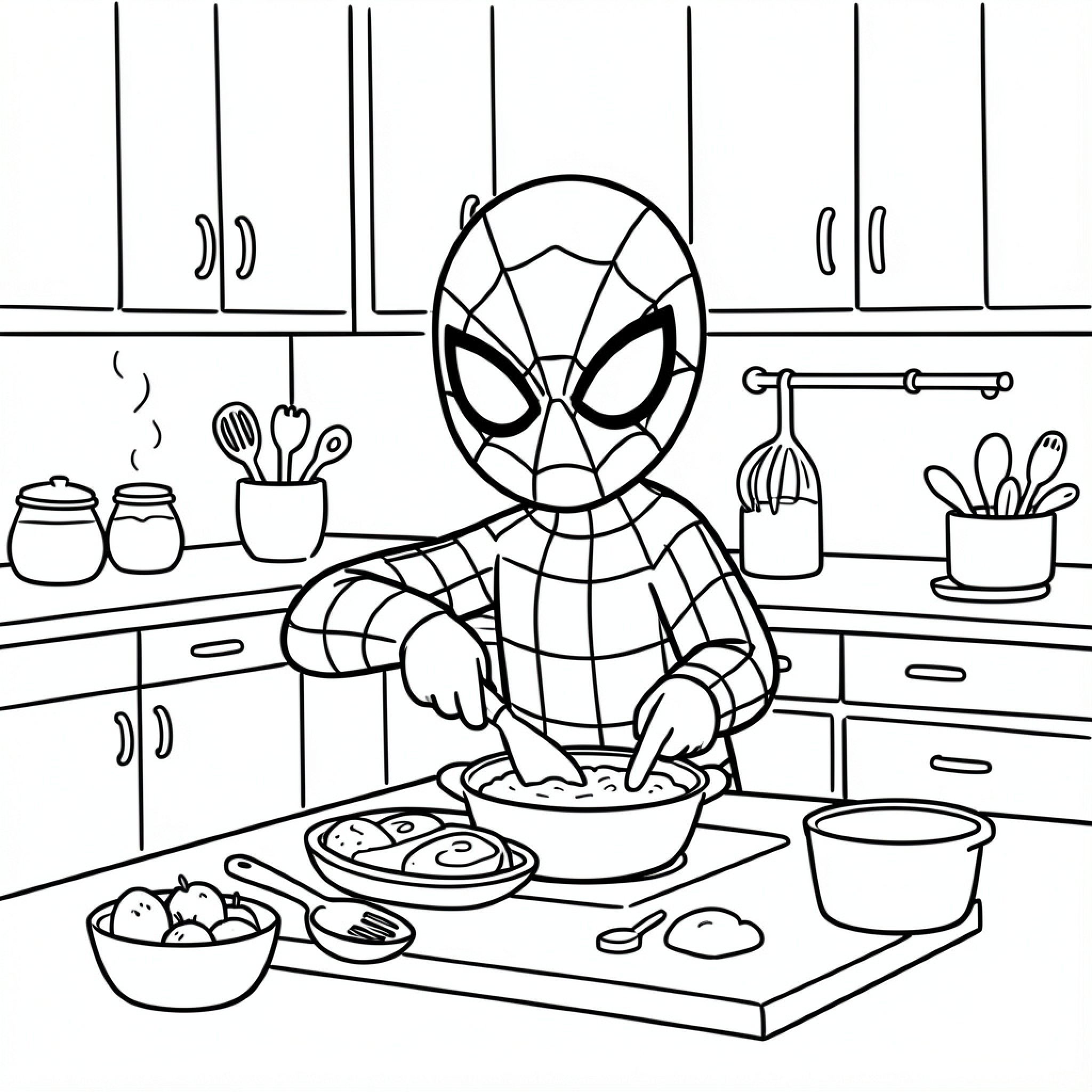 Easy Spidey cooking food in the kitchen Drawing Idea (free black-and-white line drawing printable PDF for all, from beginners to advanced learners, including children, teens, adults, and seniors)