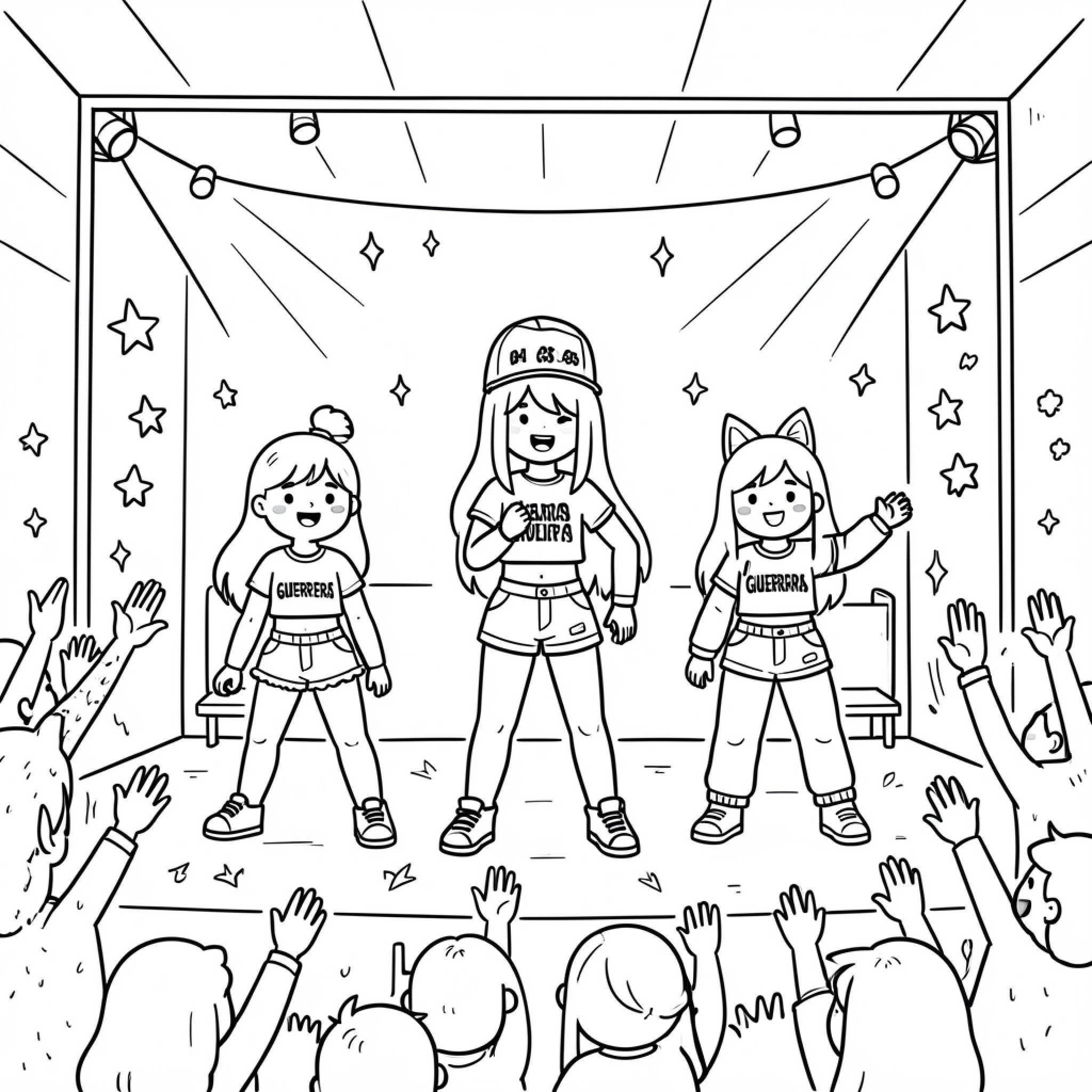 Easy K-Pop Warrior performers dancing on stage for fans Drawing Idea (free black-and-white line drawing printable PDF for all, from beginners to advanced learners, including children, teens, adults, and seniors)
