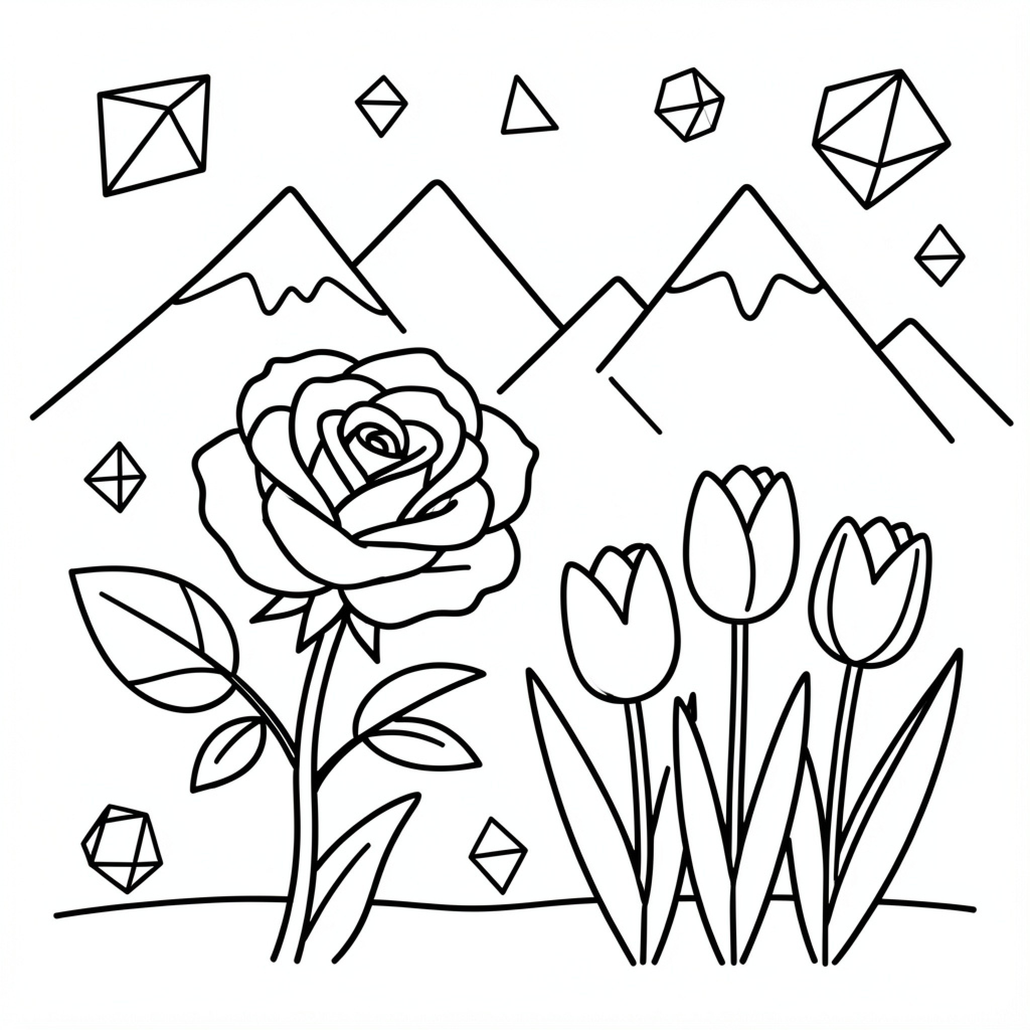 Easy Rose and tulips amidst mountain peaks Drawing Idea (free black-and-white line drawing printable PDF for all, from beginners to advanced learners, including children, teens, adults, and seniors)