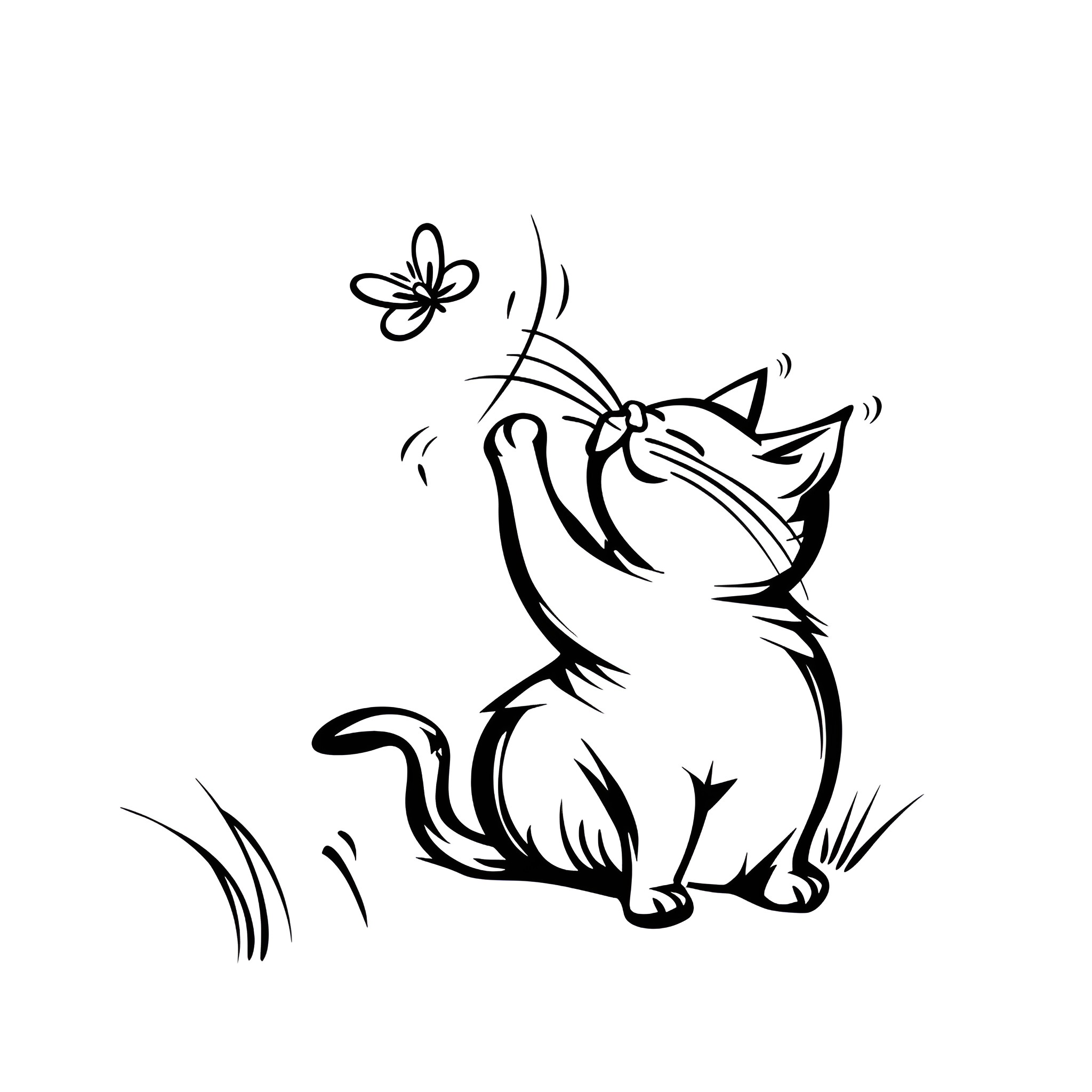 Easy Cat Chasing Butterfly Drawing Idea (free black-and-white line drawing printable PDF for all, from beginners to advanced learners, including children, teens, adults, and seniors)