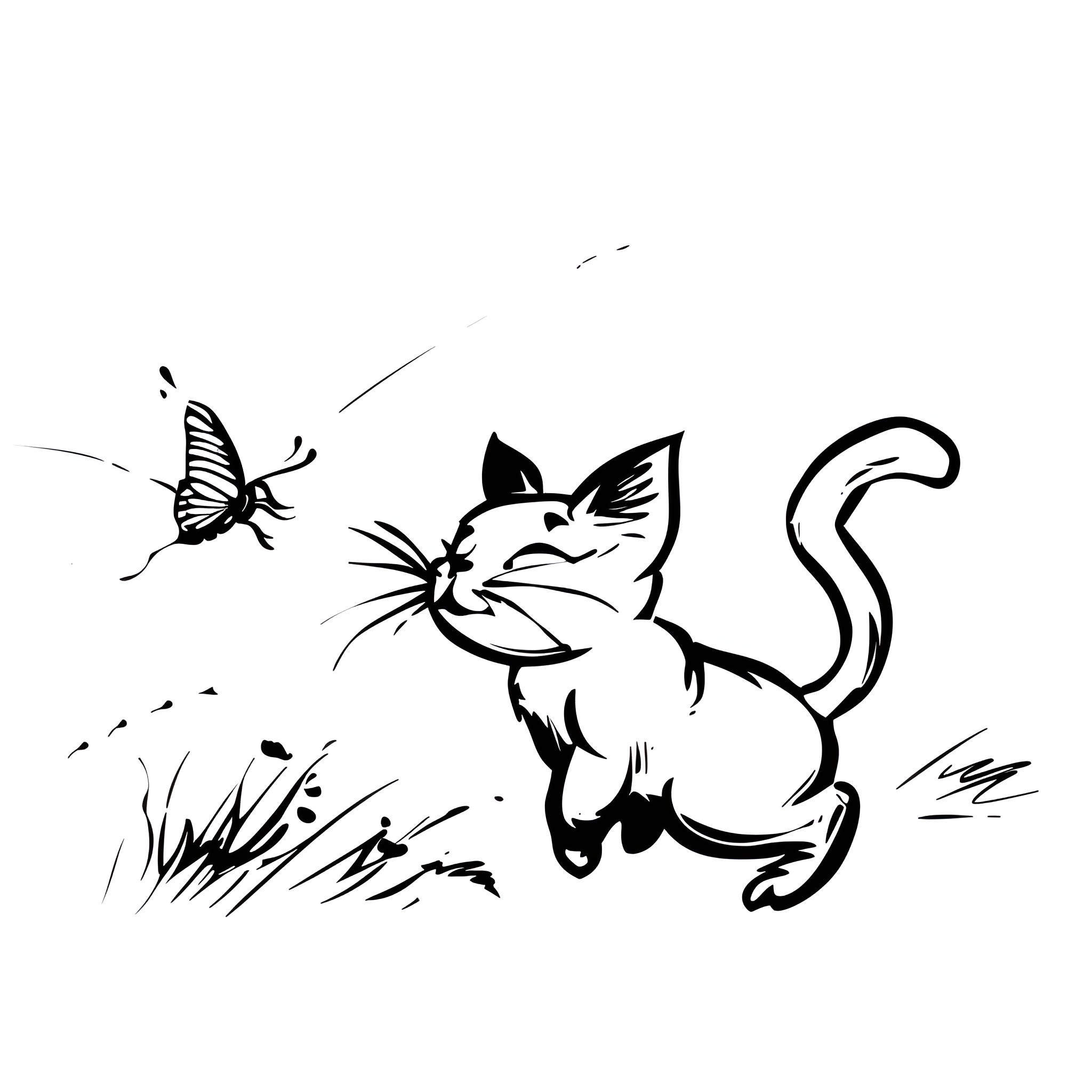 Easy Cat chasing butterflies in nature Drawing Idea (free black-and-white line drawing printable PDF for all, from beginners to advanced learners, including children, teens, adults, and seniors)