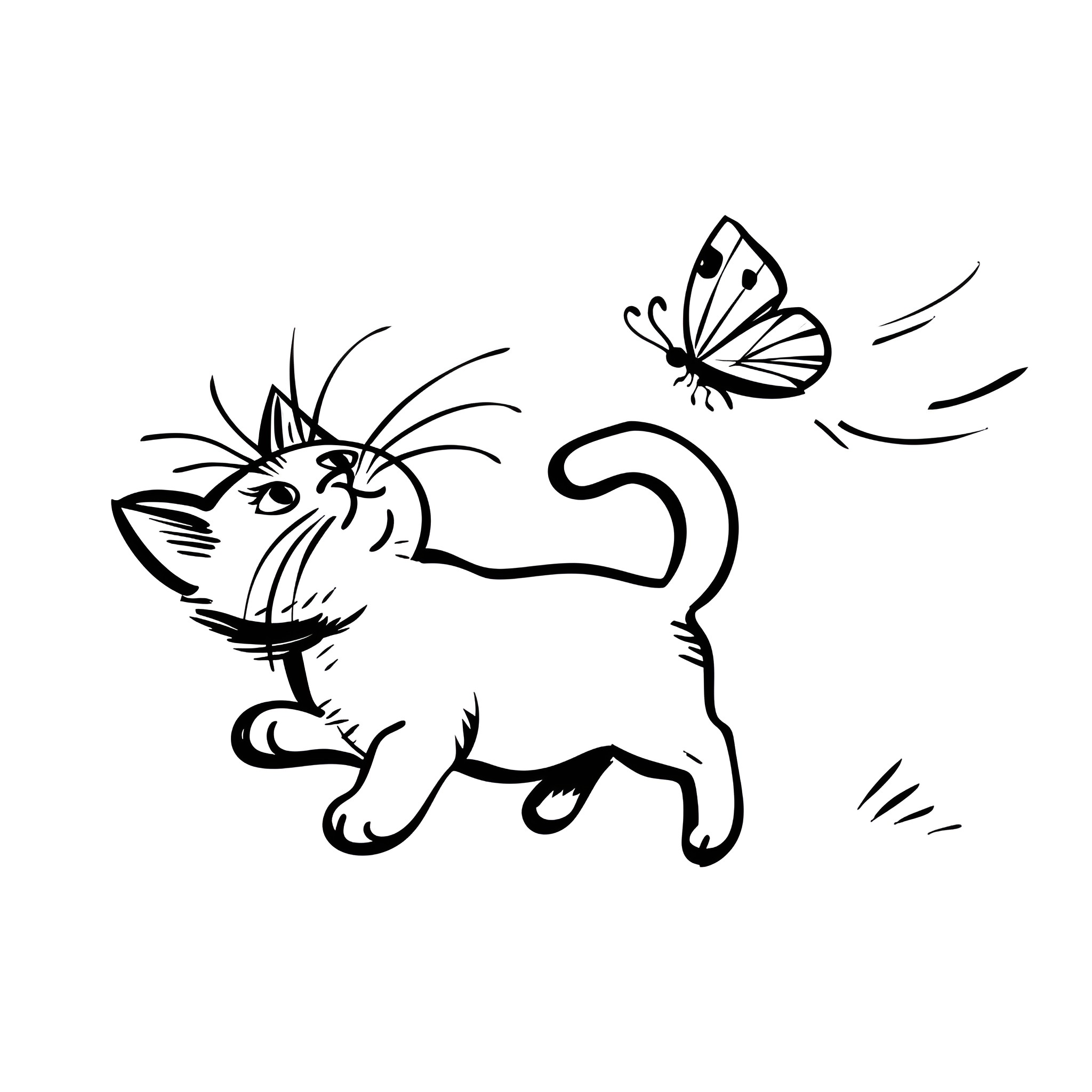 Easy Cat chasing butterfly Drawing Idea (free black-and-white line drawing printable PDF for all, from beginners to advanced learners, including children, teens, adults, and seniors)
