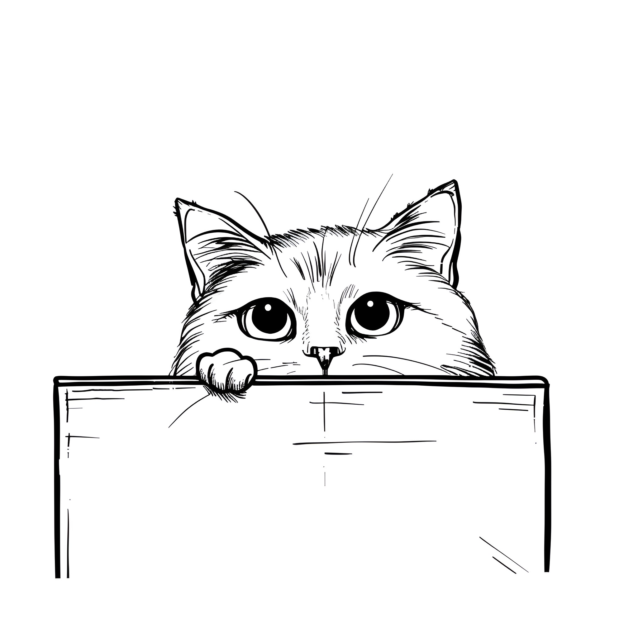 Easy Cat Peeking Over Box Drawing Idea (free black-and-white line drawing printable PDF for all, from beginners to advanced learners, including children, teens, adults, and seniors)