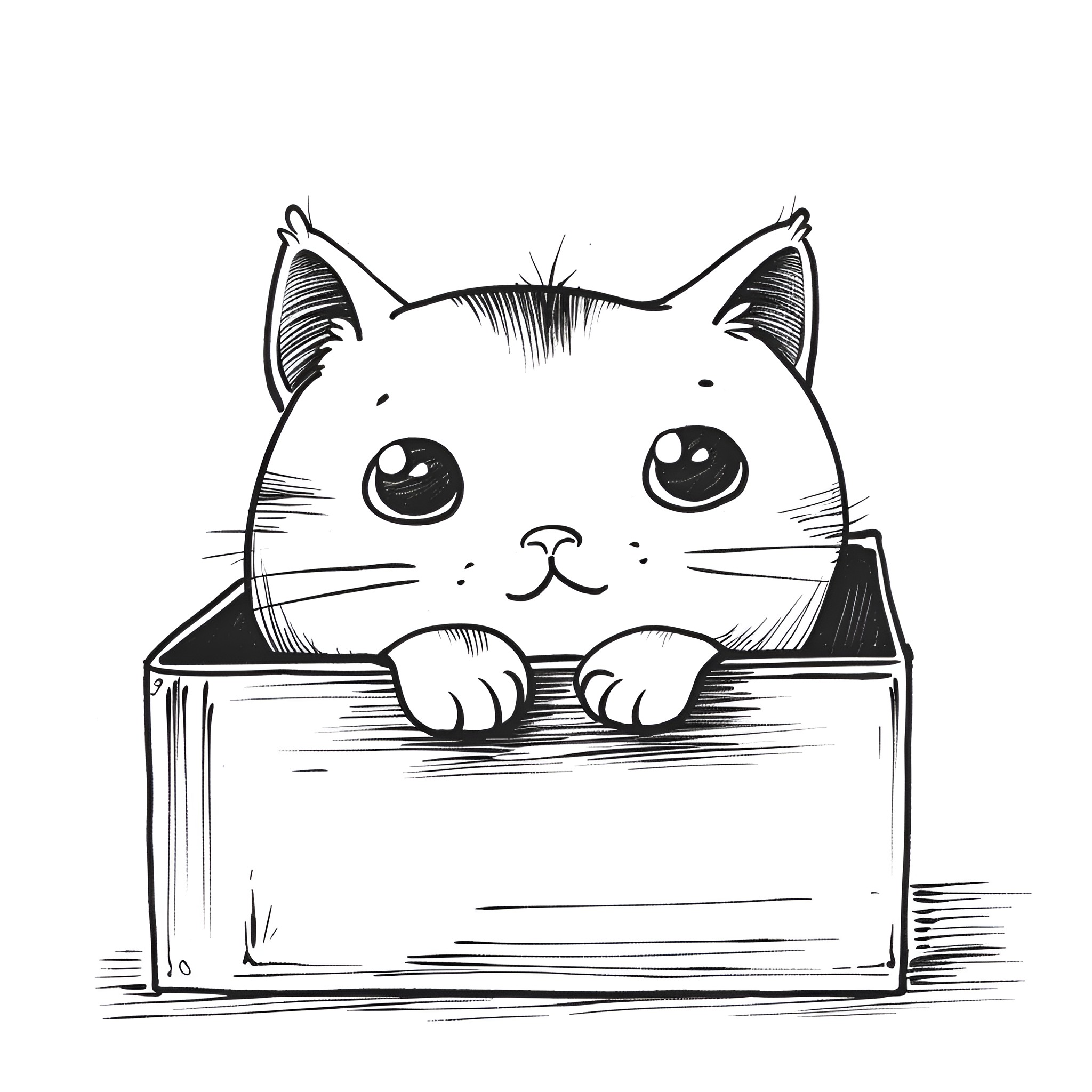 Easy Cat peeking out of box Drawing Idea (free black-and-white line drawing printable PDF for all, from beginners to advanced learners, including children, teens, adults, and seniors)