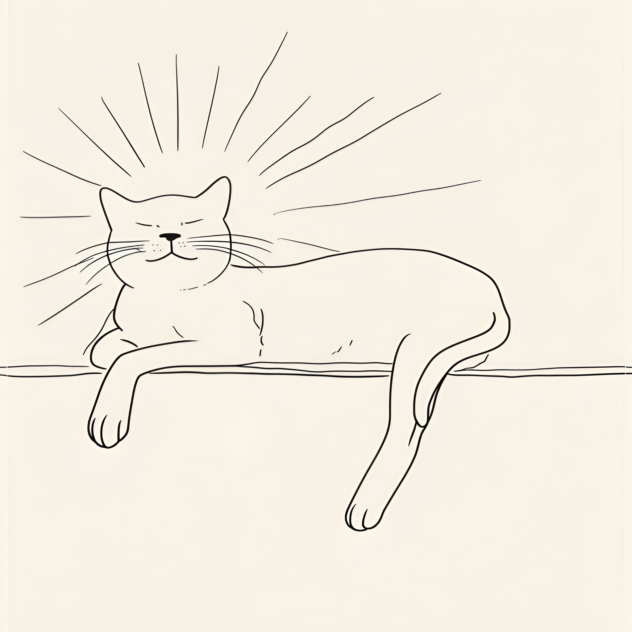 Easy Cat Resting in Sunshine Drawing Idea (free black-and-white line drawing printable PDF for all, from beginners to advanced learners, including children, teens, adults, and seniors)