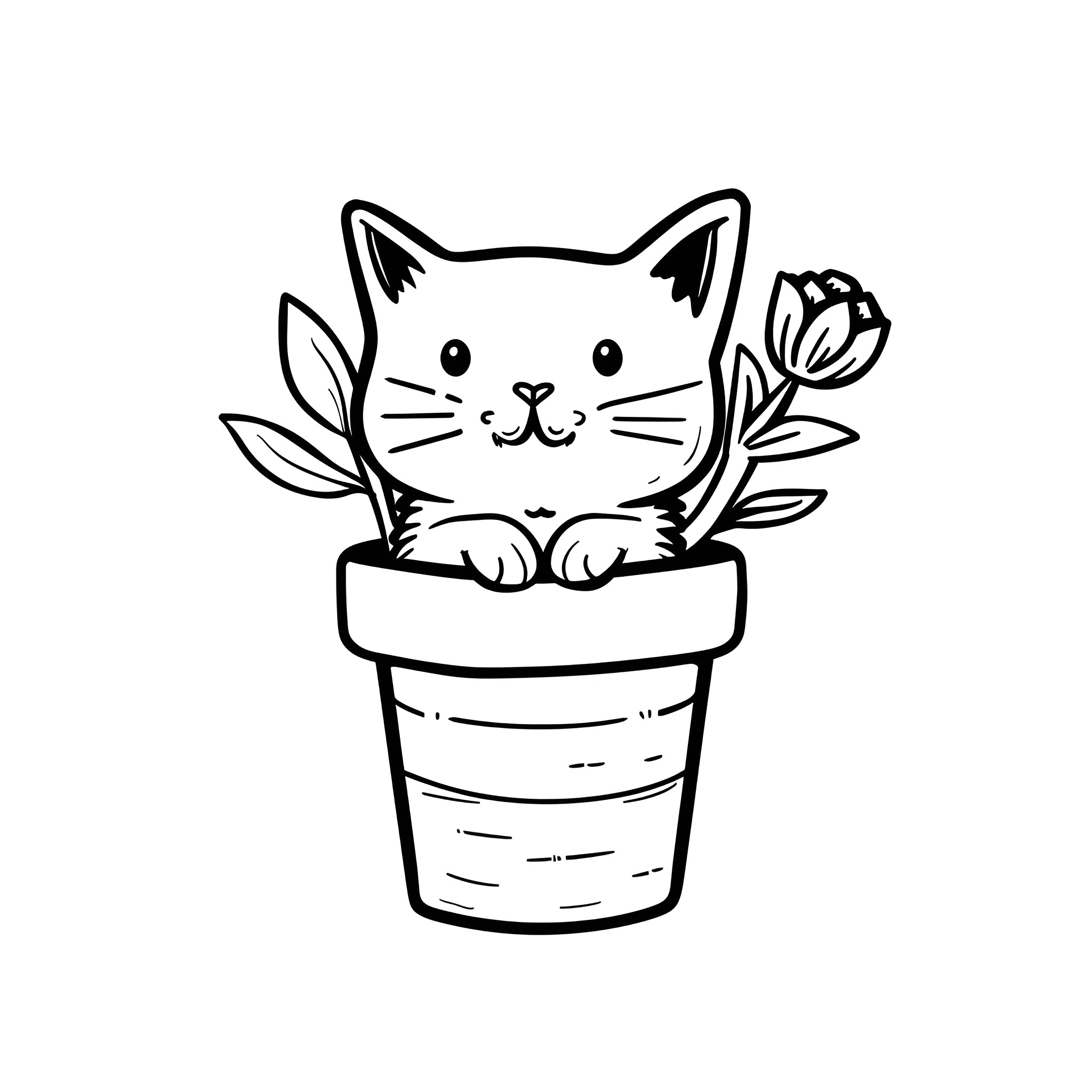 Easy Cat in Flower Pot Drawing Idea (free black-and-white line drawing printable PDF for all, from beginners to advanced learners, including children, teens, adults, and seniors)