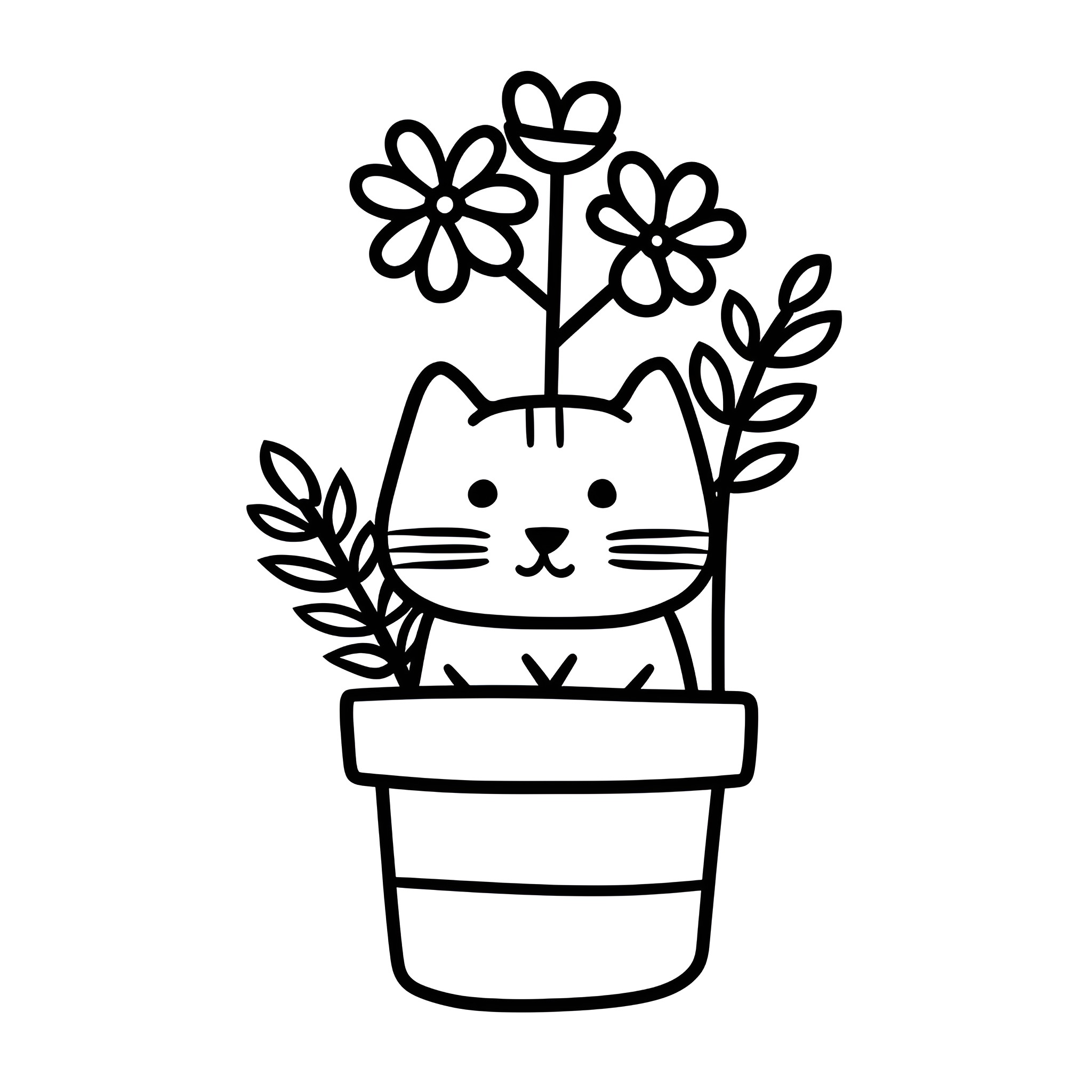 Easy Cat in Flower Pot Drawing Idea (free black-and-white line drawing printable PDF for all, from beginners to advanced learners, including children, teens, adults, and seniors)