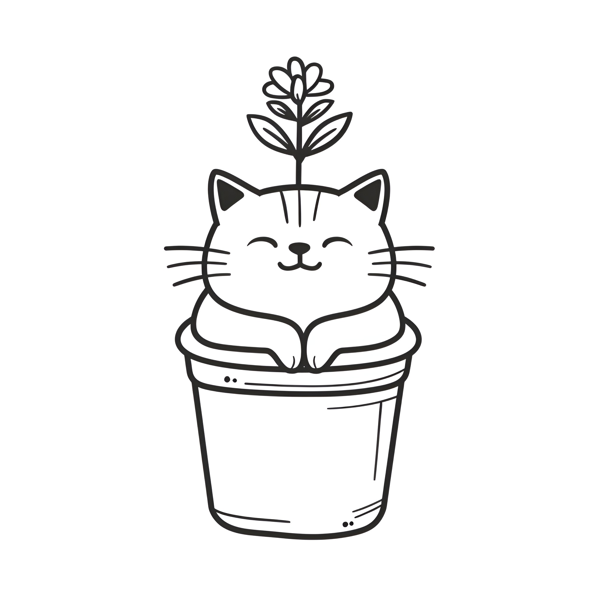 Easy Cat Planter with Flower Drawing Idea (free black-and-white line drawing printable PDF for all, from beginners to advanced learners, including children, teens, adults, and seniors)